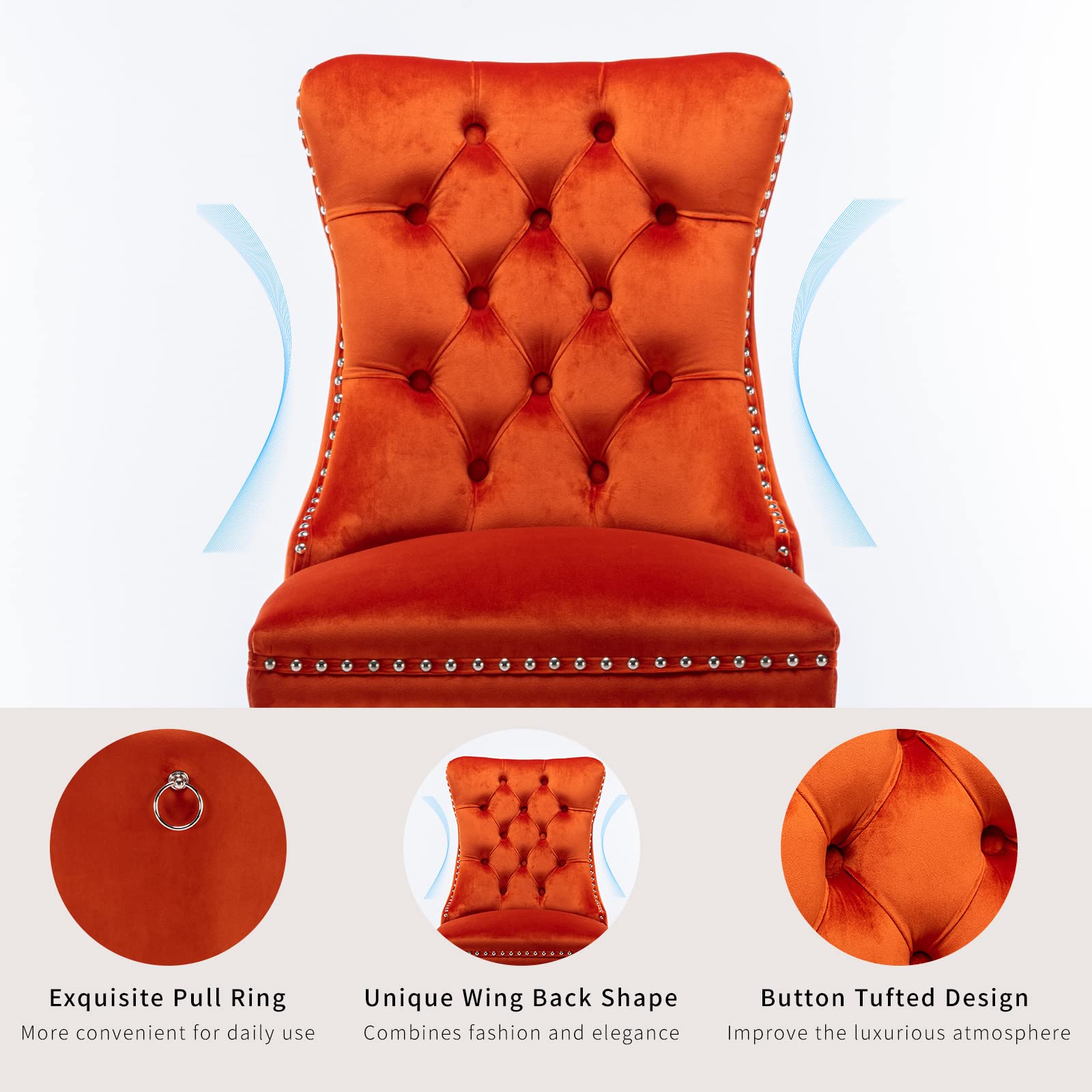 Luxury Orange Velvet Dining Chairs Set of 6 - Tufted Upholstered Kitchen & Dining Room Chairs with Solid Wood Frame - Elegant Home Decor for Dining Room, Kitchen, or Breakfast Nook (Orange, 6 Pieces)