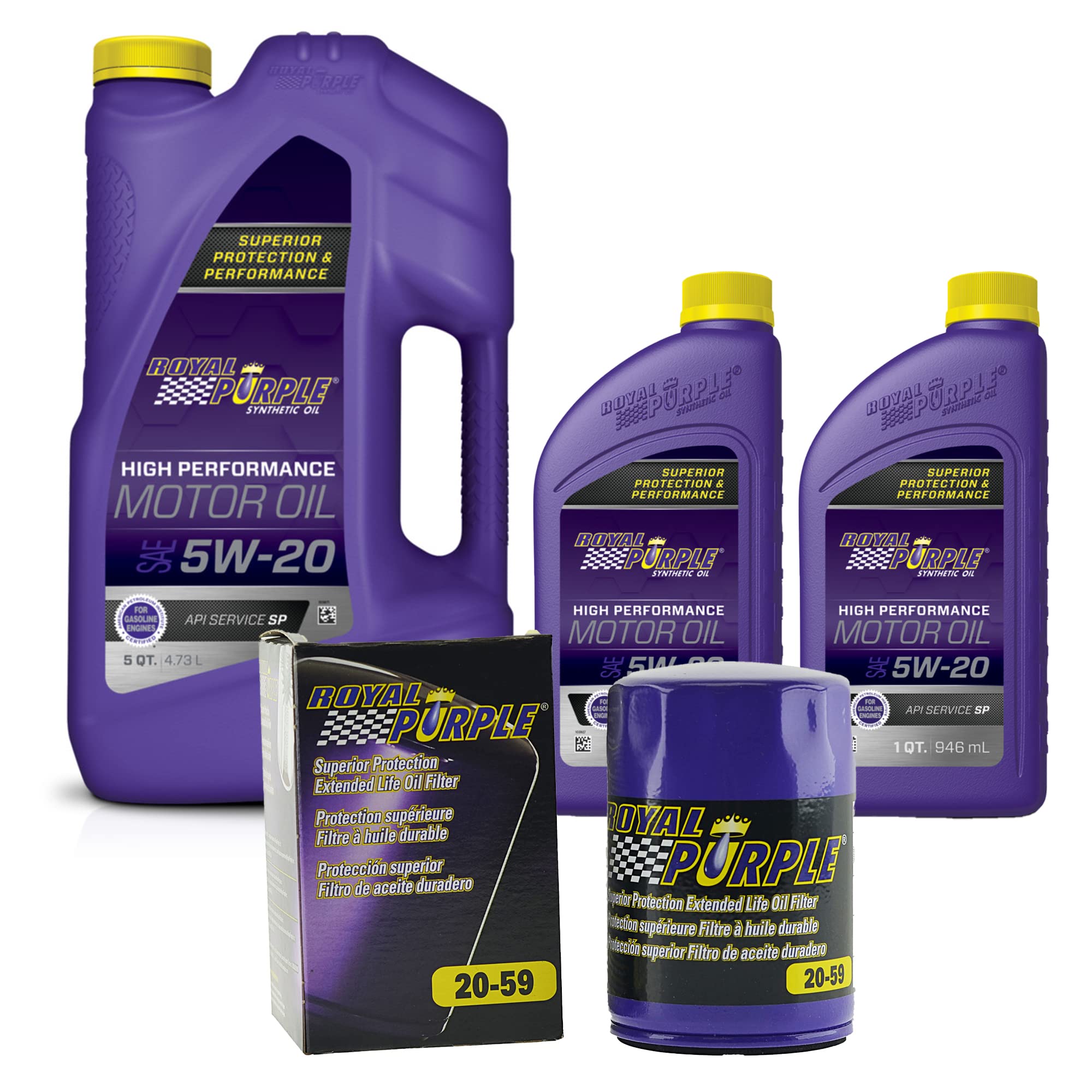 Royal Purple SAE 5W-20 Full Synthetic Motor Oil - 7 Quart Bottle with Extended Life Premium Oil Filter (20-59) - High Performance Engine Protection for Cars, Trucks & SUVs - Ideal for Daily Commuting & Long Road Trips