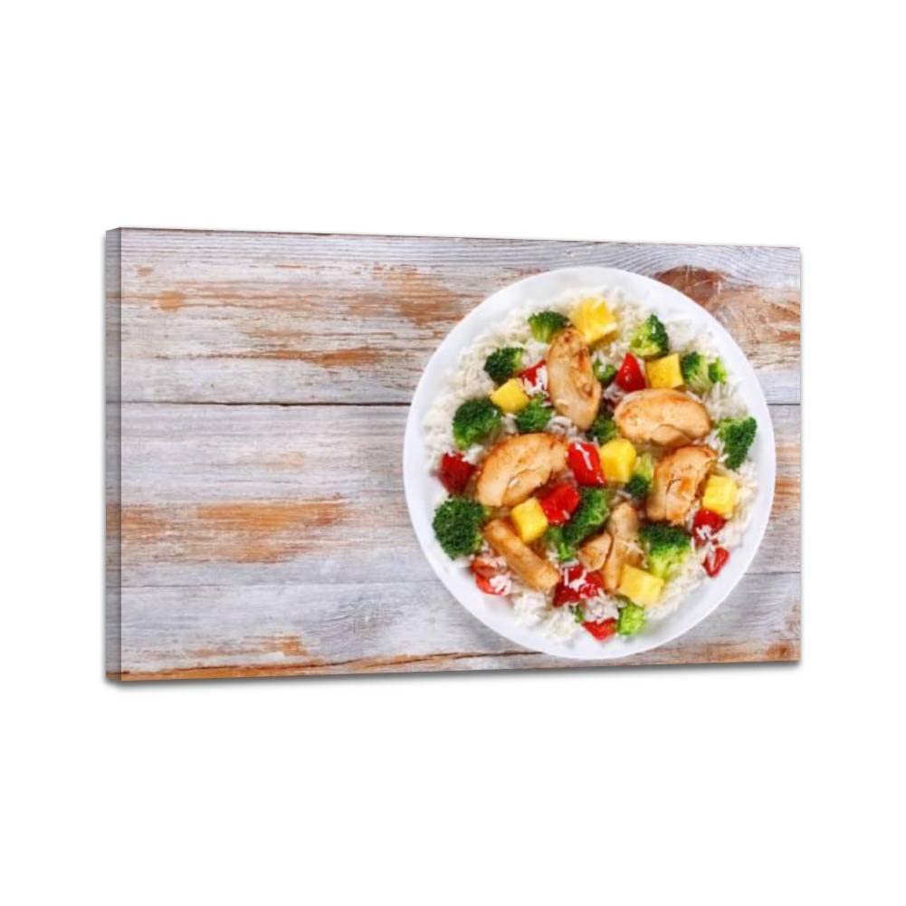 Crispy Chicken and Vegetables Wok-Fried Canvas Wall Art - Framed Poster Painting for Home Decor, Living Room, Kitchen - Ready to Hang 23x34 Inches - Perfect for Dining Room & Asian Cuisine Lovers