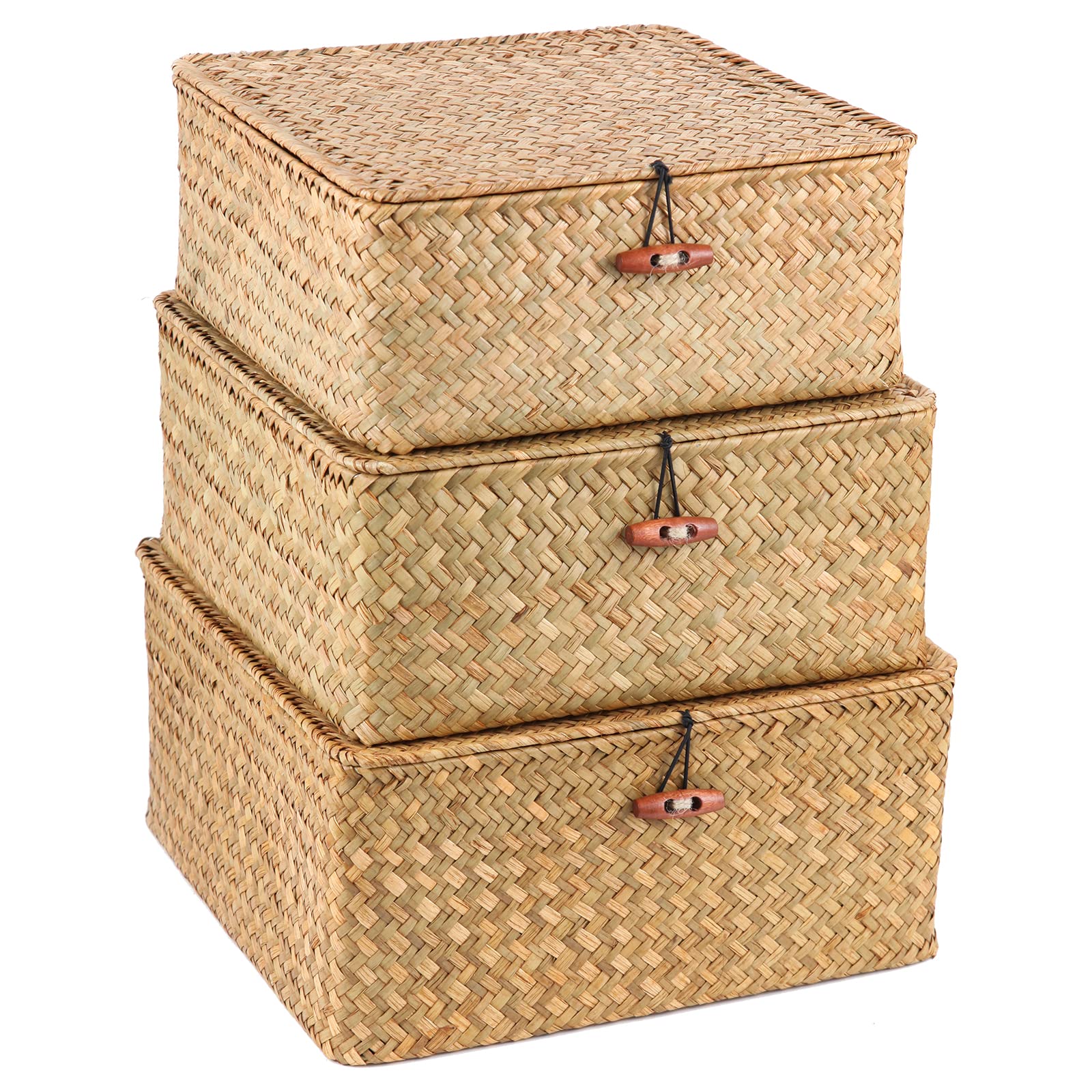 3 Pack Seagrass Storage Baskets with Lids - Natural Woven Rattan Organizing Bins for Shelves, Clothes & Hobby Supplies | Home Organization, Bedroom Closet & Living Room Decor