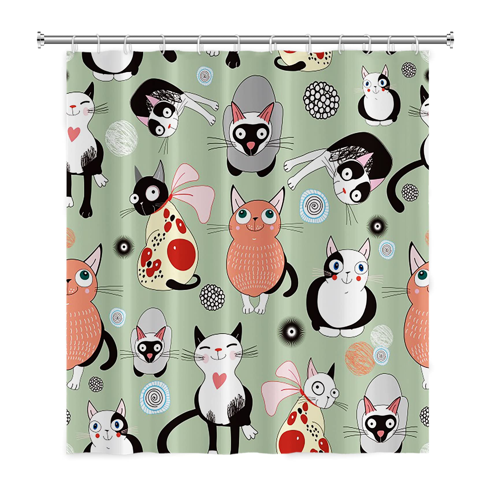 Cute Cat Shower Curtain with Mustache & Red Hearts - Waterproof Fabric Bathroom Curtain 36x72 Inches - Funny Cat Decor for Bathroom, Kids Room & Pet Lovers