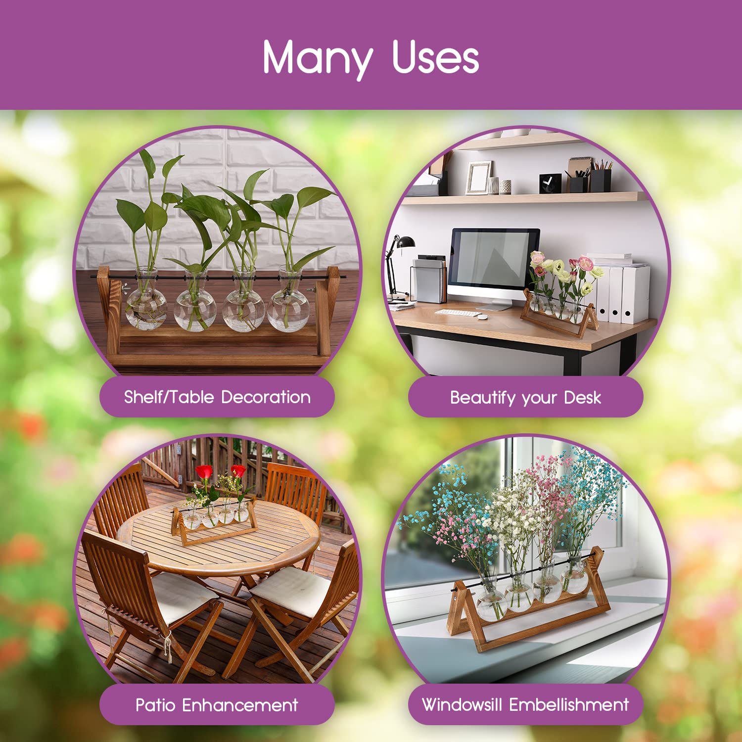 Plant Propagation Station Terrarium with Wooden Stand - 4 Glass Planters for Indoor Plants & Air Plants - Perfect for Home Decor, Office Desk, and Gift for Plant Lovers