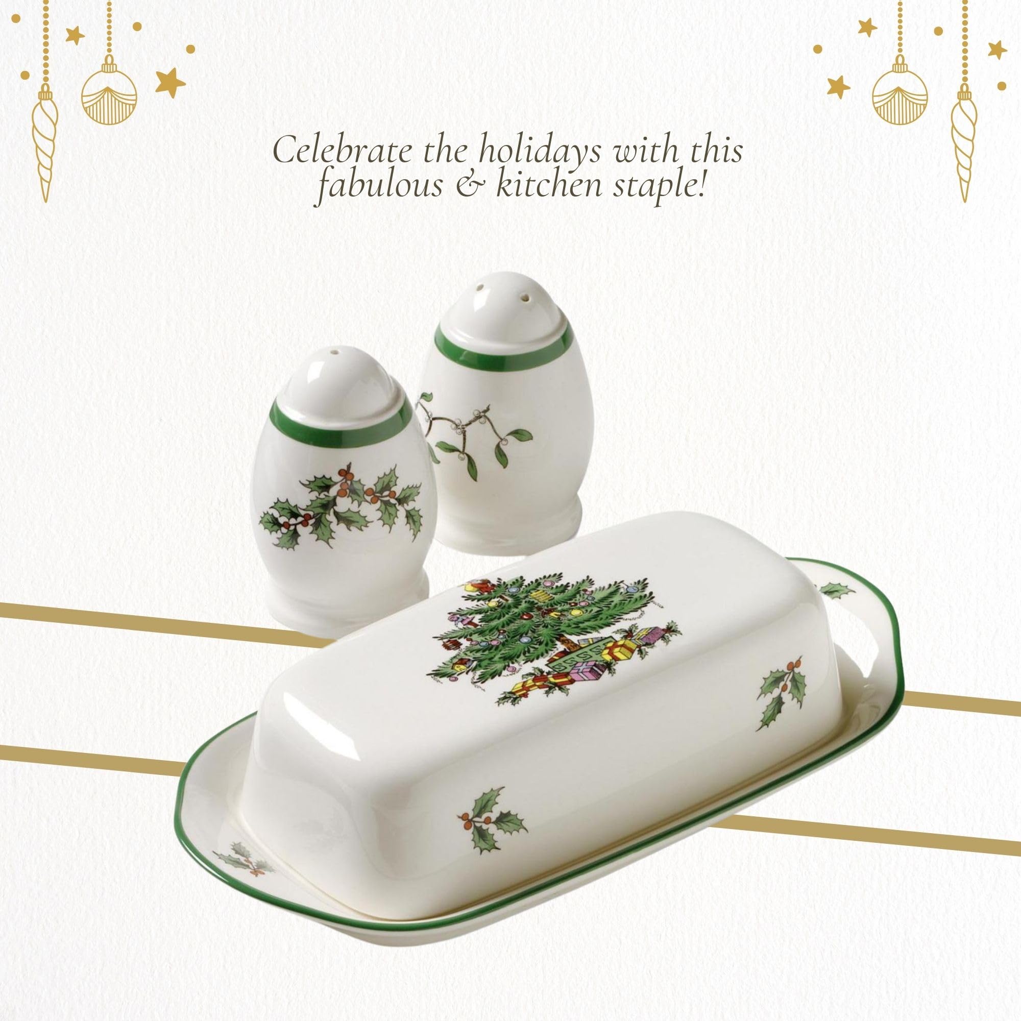 Spode Christmas Tree 3-Piece Hostess Set - Butter Dish with Lid, Salt & Pepper Shakers - Festive Earthenware for Holiday Entertaining - Dishwasher Safe Collectible Gift - Perfect for Christmas Dinner & Hostess Gifts