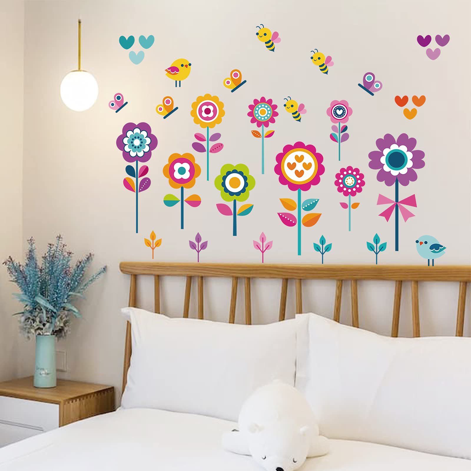 Butterfly Bee Floral Wall Decals for Kids Room - Removable Peel and Stick Wall Art for Girls Bedroom, Nursery, Playroom & Classroom - DIY Home Decor for Birthday Party, Baby Shower & Spring Theme Decorations