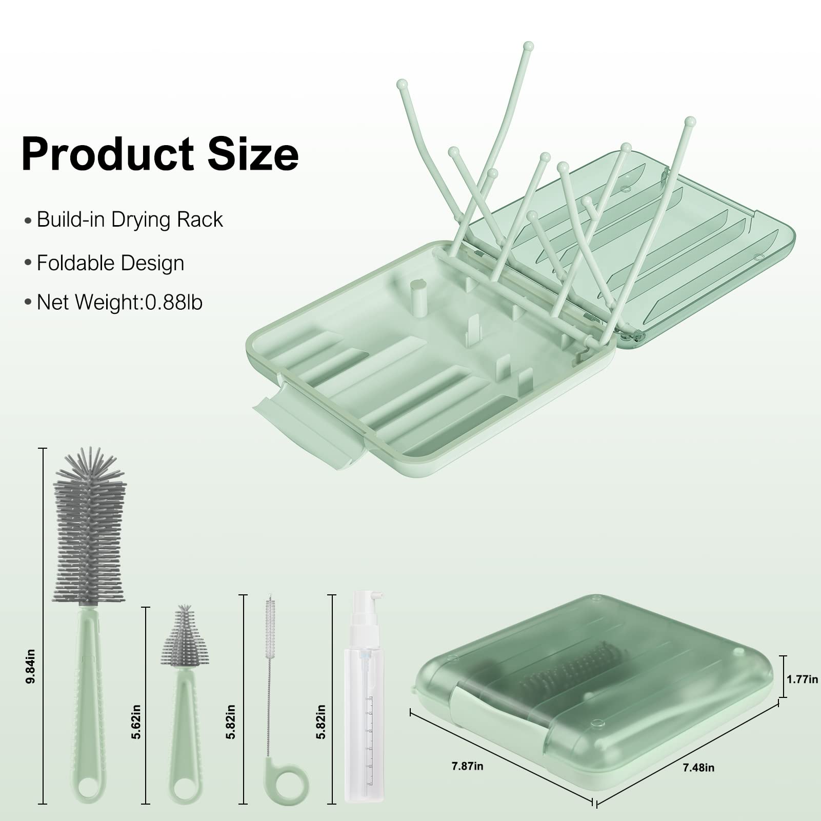 6 in 1 Baby Bottle Cleaning Brush Set with Travel Drying Rack - 360° Cleaning Brush, Nipple Brush, Straw Cleaner, Soap Dispenser & Organizer Case - Essential Newborn Feeding Supplies for Home, Travel & Daycare (Green)