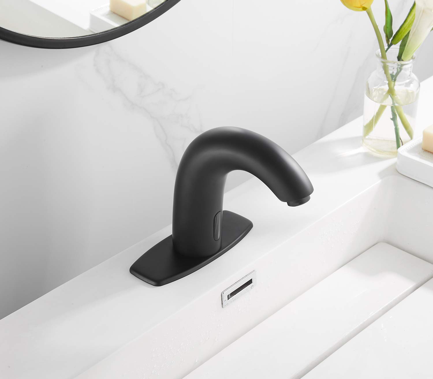 Touchless Automatic Bathroom Sink Faucet with Sensor - Matte Black Deck Mount Hands-Free Faucet with Hole Cover Plate, Dual Power & Temperature Mixer | Ideal for Modern Homes, Public Restrooms & ADA Compliant Spaces