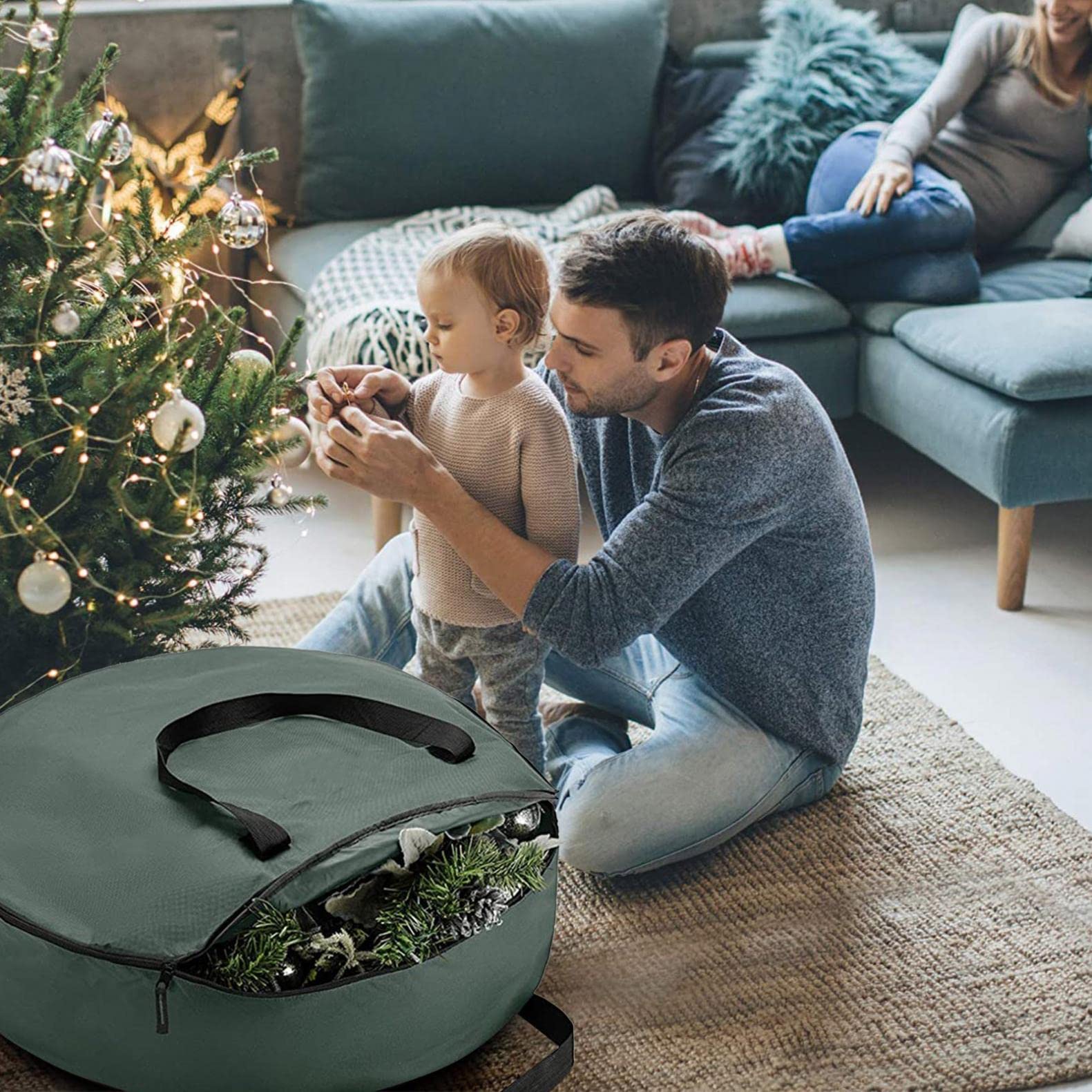 Premium Christmas Wreath Storage Bag - Durable 210D Oxford Polyester with Water-Resistant Design & Dual Zipper Closure - Perfect for Artificial Holiday Wreath Organization & Seasonal Decoration Storage - Ideal for Home, Attic, and Garage Use