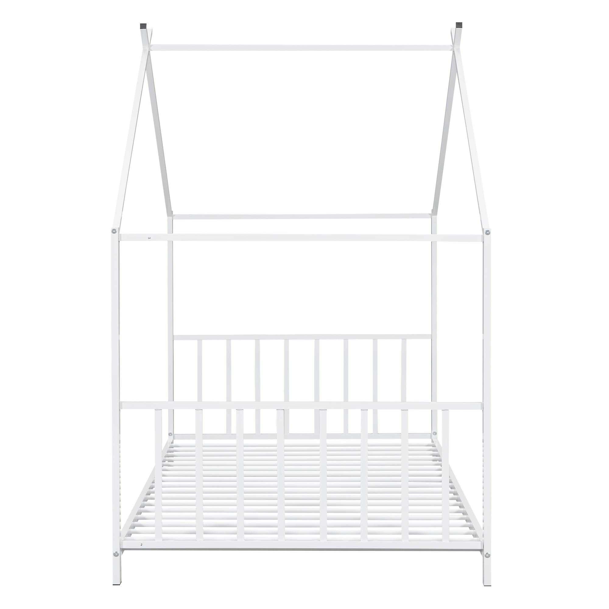 Montessori Twin Size Floor Bed for Kids - Sturdy Metal Frame with High Headboard & Roof - House Bed for Boys & Girls (White) - Perfect for Playrooms, Bedrooms & Montessori Learning Spaces