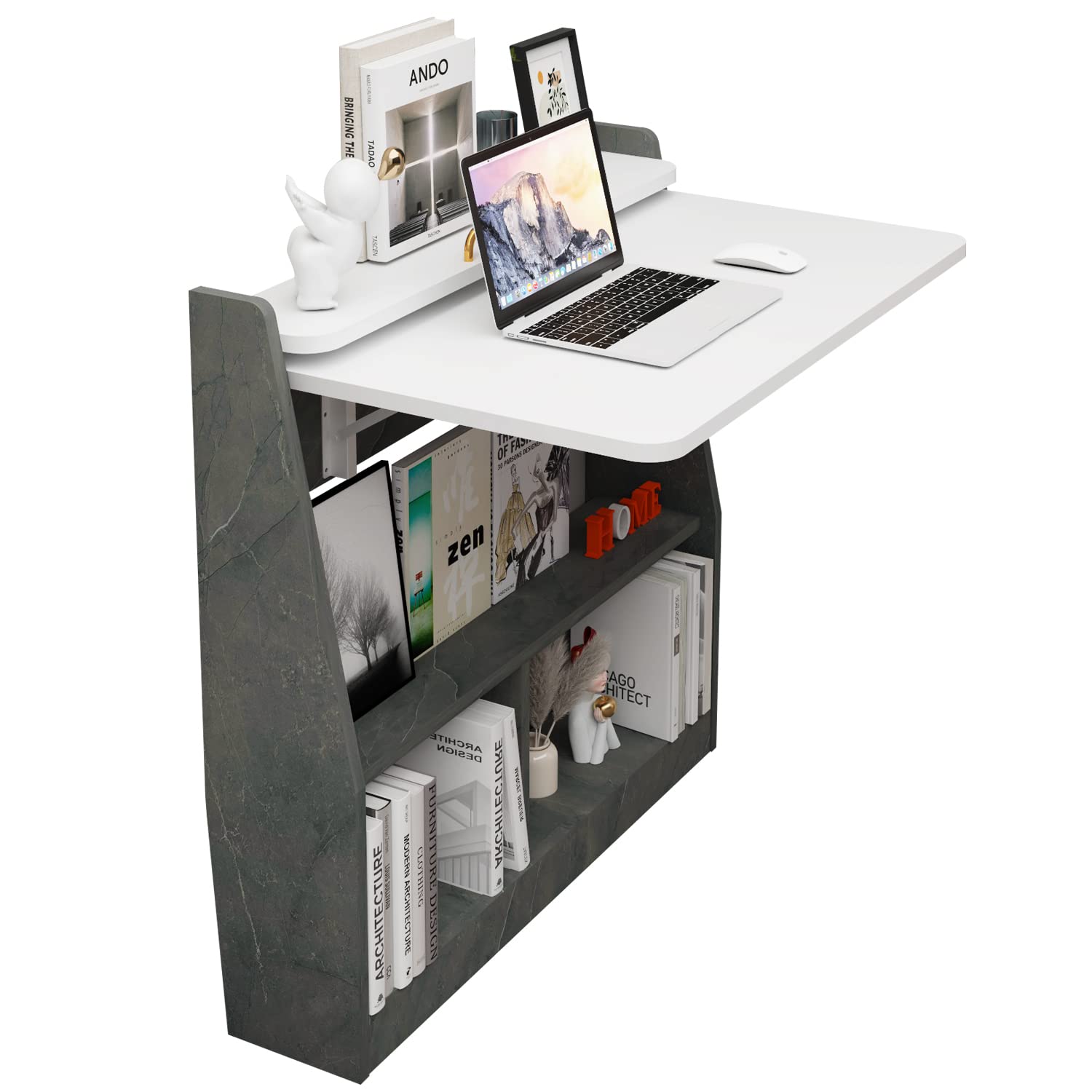 Pmnianhua 31'' Wall Mounted Folding Desk - Space Saving Drop-Leaf Table with Storage Shelf | Foldable Laptop Desk for Small Spaces | Perfect for Bedroom, Living Room & Home Office (Grey White)
