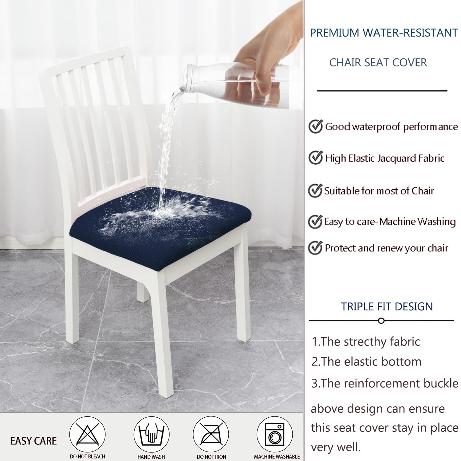 Waterproof Dining Room Chair Covers - Navy Blue Set of 2 | Spill-Proof Kitchen Chair Protectors for Family Meals & Kids | Easy Clean Seat Covers for Everyday Use & Entertaining