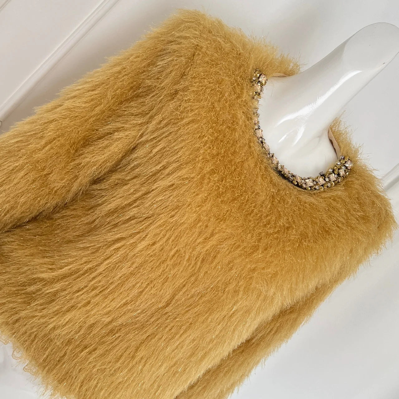 2024 Korean Style Women's Yellow Diamond Round Neck Short Mink Sweater - Warm Winter Casual Tops for Elegant Vacation & Daily Wear | Cozy Fall/Winter Fashion Outfit