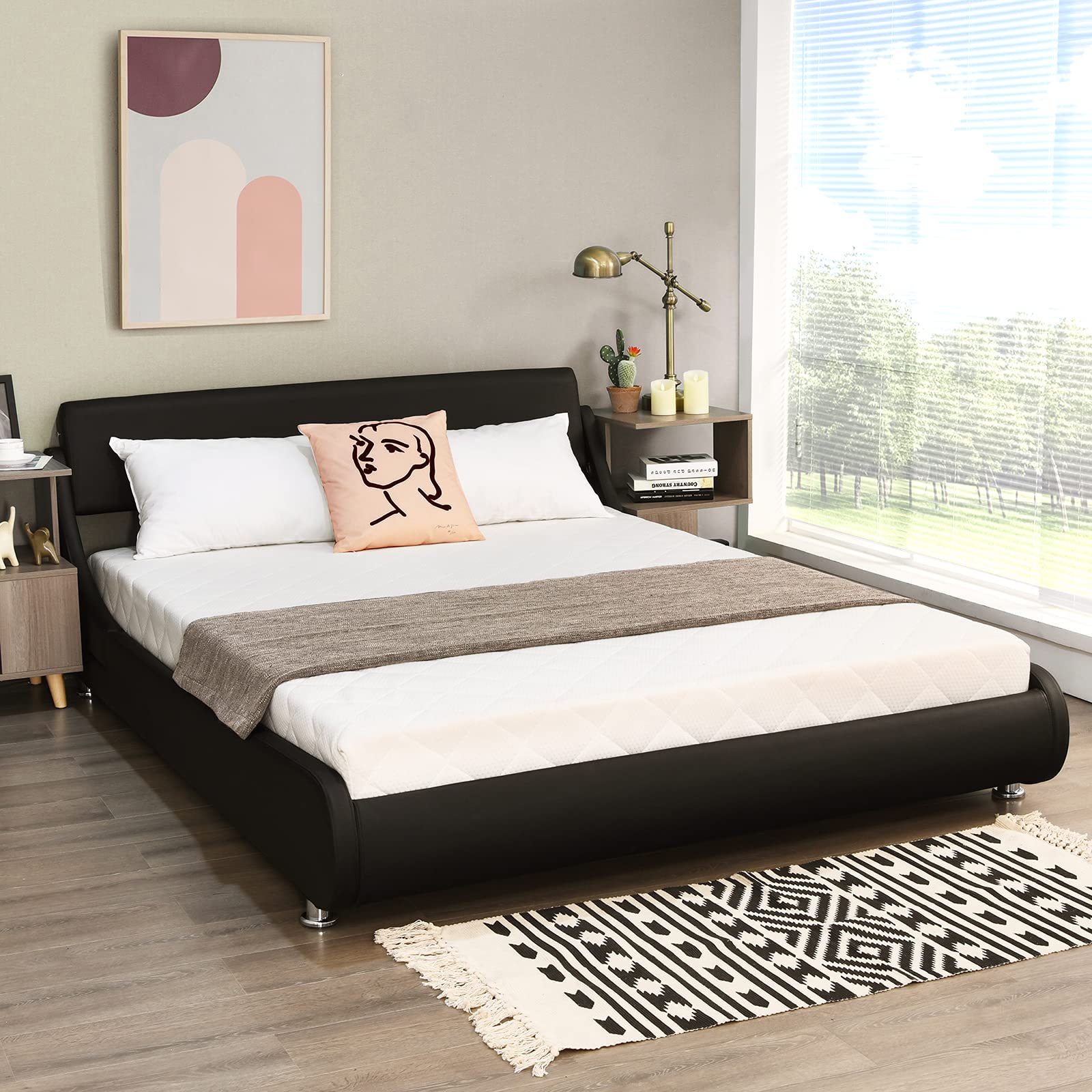 Giantex Full Size Upholstered Platform Bed Frame with Adjustable Headboard - Faux Leather Low Profile Curved Design, Wood Slat Support, No Box Spring Needed - Perfect for Modern Bedrooms, Guest Rooms & Small Spaces