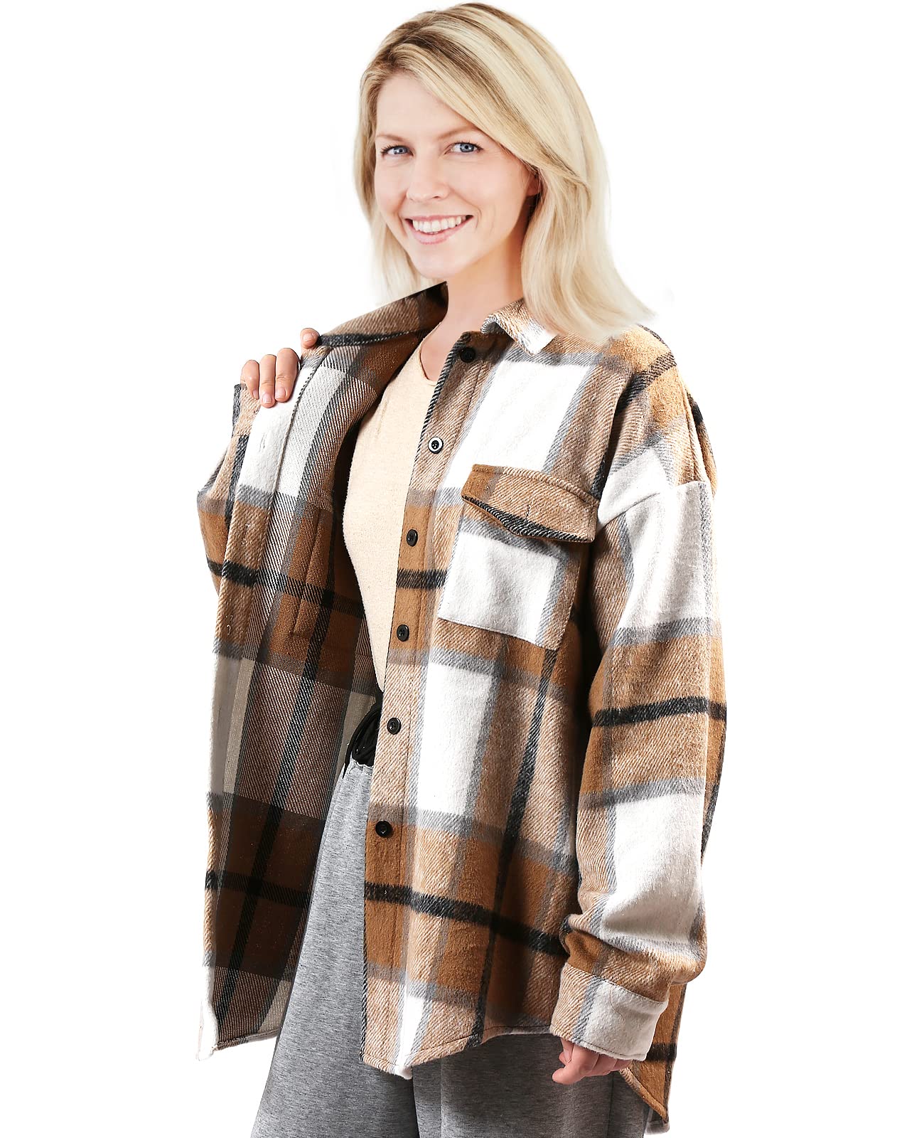 VeMee Women's Casual Wool Blend Plaid Brushed Pocketed Down Lapel Shirt Jacket - Loose Fit Button Coat for Winter, Spring & Fall - Perfect for Office, Travel and Outdoor Activities