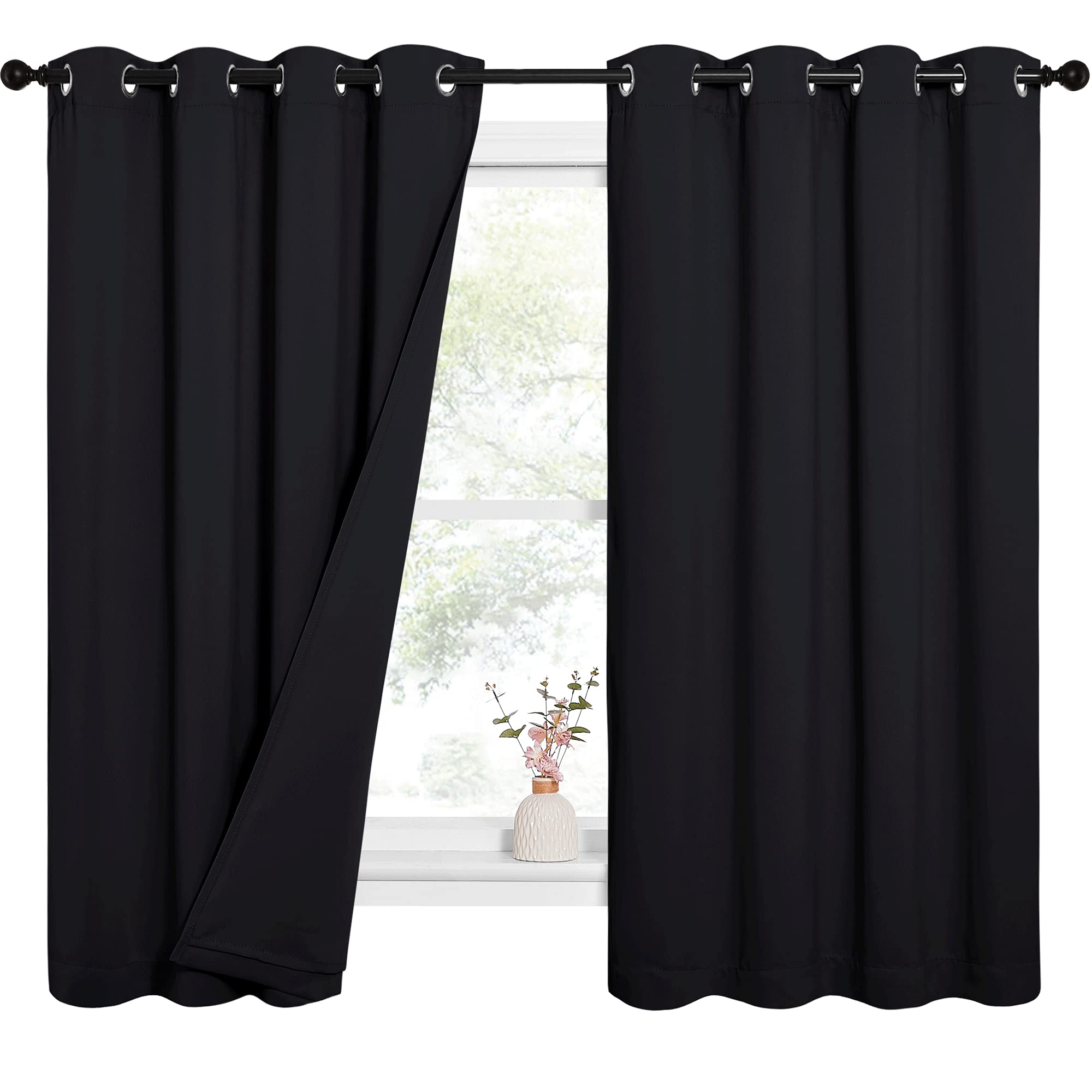 NICETOWN Blackout Curtains for Nursery & Bedroom - 100% Light Blocking, Noise Reducing, Thermal Insulated Drapes - Soundproof Window Treatments for Home, Office, Hotel (52x63 Inches, Black) - Perfect for Better Sleep, Privacy & Energy Efficiency