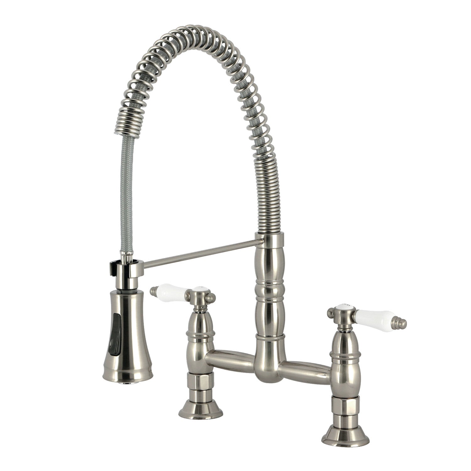 Bel Air GS1278BPL Brushed Nickel Double Handle 2-Hole Deck Mount Pre-Rinse Bridge Kitchen Faucet - Perfect for Commercial Kitchens & Restaurant Prep Areas