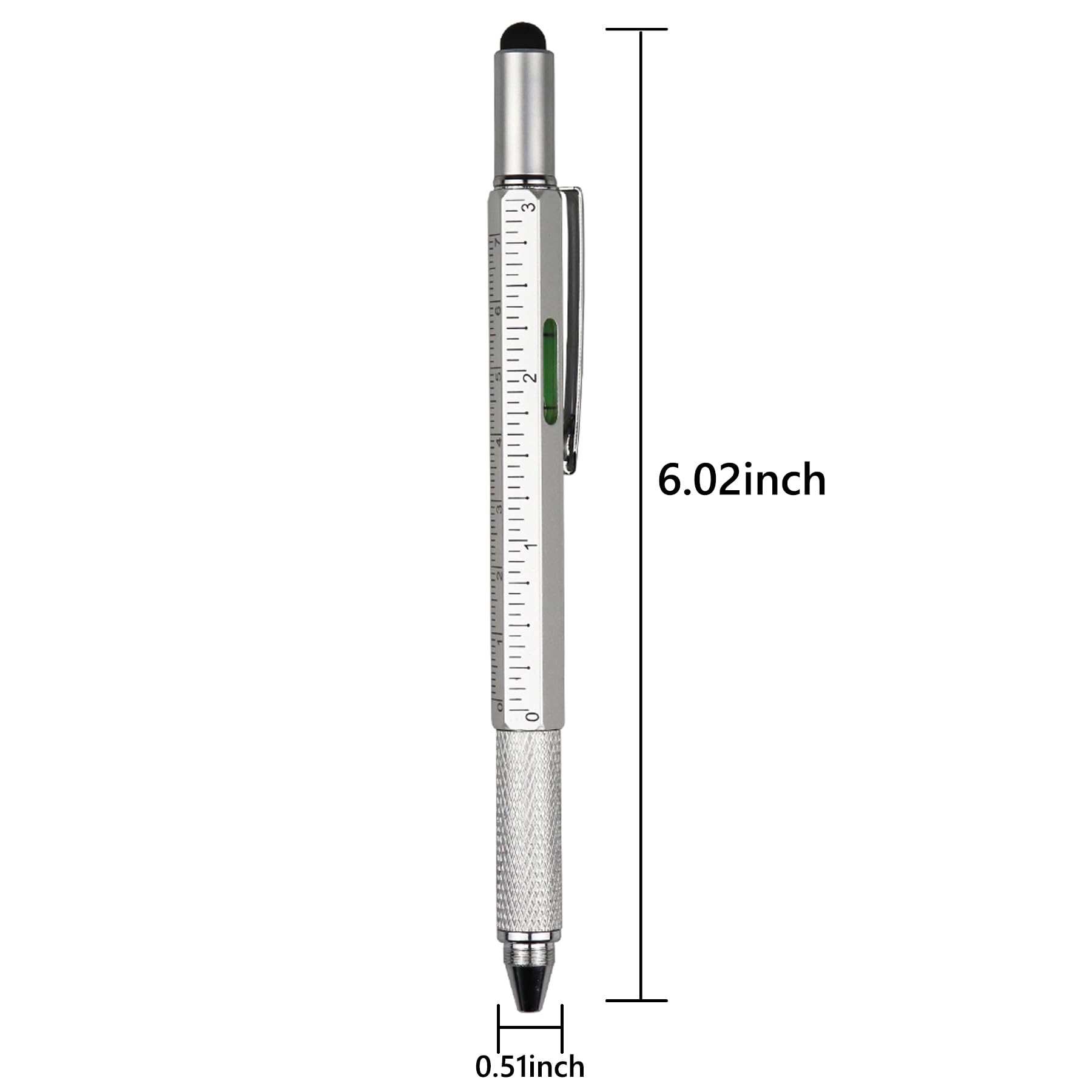 DUNBONG 6-in-1 Multi-Tool Pen with Screwdriver, Ballpoint Pen, Stylus, Level & Ruler - Silver (1 Count) - Perfect for DIY, Office Work, Camping & Everyday Carry