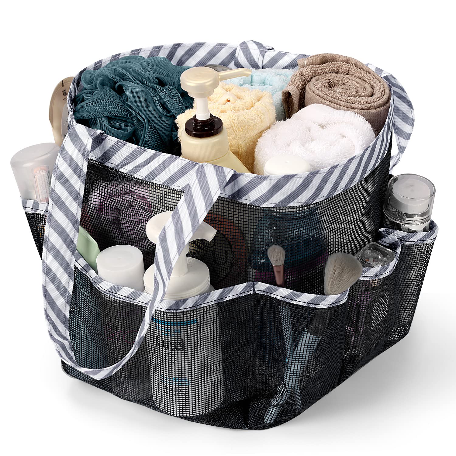 Ndeno 8-Pocket Mesh Shower Caddy - Portable Hanging Toiletry Bag for Men & Women - Quick Dry Bath Organizer - Perfect for Dorm, Beach, Camping & Travel Accessories (Gray Strips) - Ideal for College Students, Gym Goers & Frequent Travelers