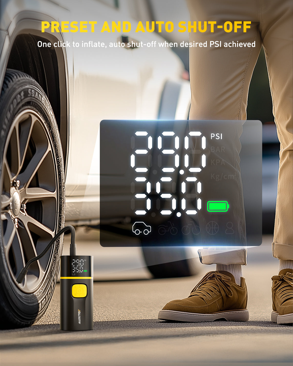 AUXITO A502 Portable Tire Inflator with 7800mAh Battery - Fast Car Tire Pump for Cars, Bikes & SUVs - Digital Pressure Gauge & Multiple Presets - Perfect for Road Trips & Emergency Inflation
