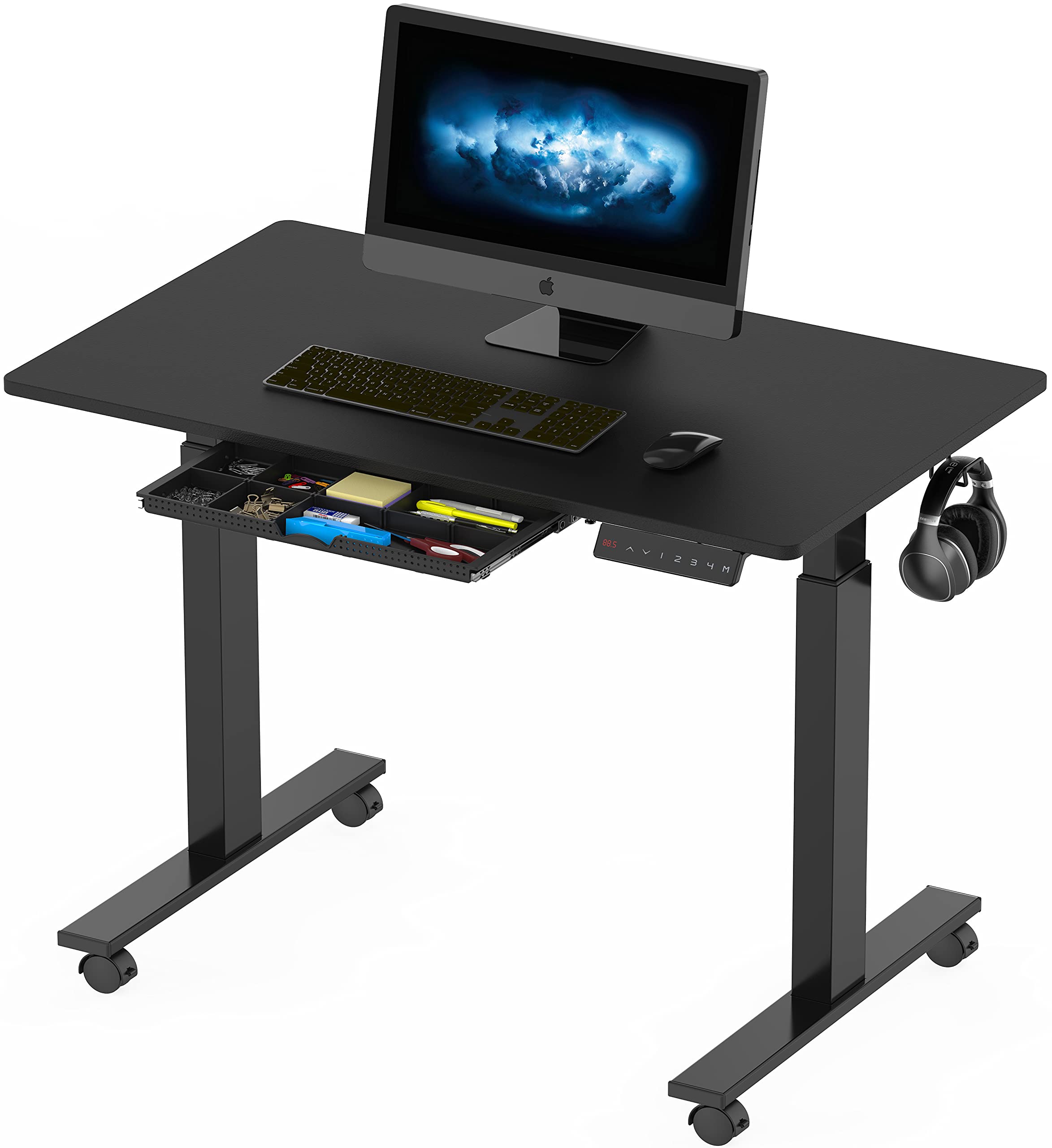 SHW 40 x 24 Inches Electric Height Adjustable Standing Desk with Drawer - Mobile Sit Stand Workstation with Hanging Hooks & Cable Management, Black - Perfect for Home Office, Study & Small Workspaces