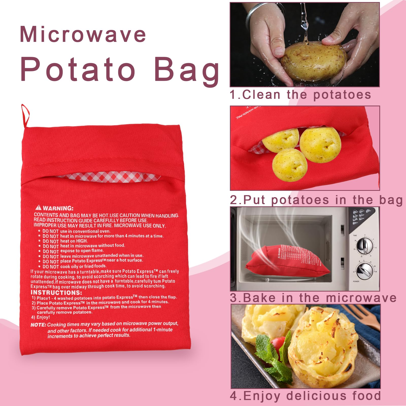 2-Pack Reusable Microwave Potato Bags for Baking - Quick & Easy 4-Minute Baked Potatoes - Perfect Kitchen Gadget for Fast Meals (Red) - Ideal for Busy Weeknights, Healthy Snacks & Family Dinners