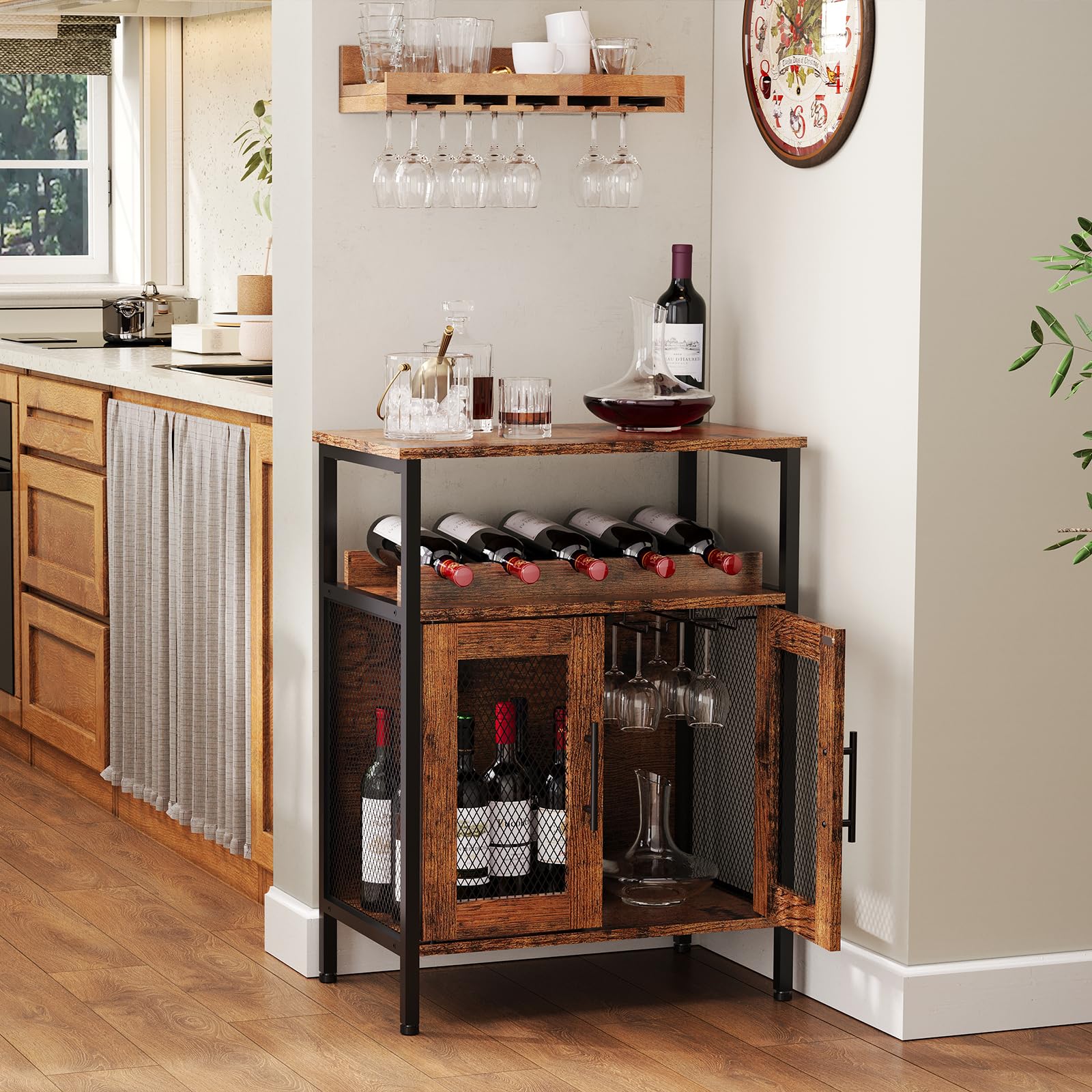 X-cosrack Rustic Brown Wine Bar Cabinet with Detachable Wine Rack & Glass Holder - Coffee Bar Sideboard Buffet Cabinet with Mesh Door - Perfect for Dining Room, Kitchen & Home Bar Storage (Patent Pending)