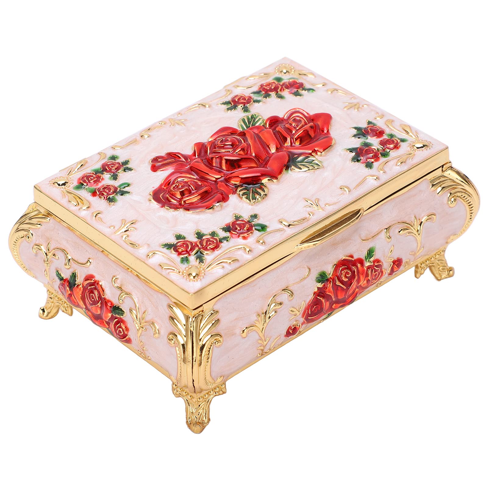 Antique Jewelry Box - Vintage Rich Shine Jewelry Organizer for Earrings, Necklaces & Rings - Gold, White & Red Rose Colors - Perfect for Gift, Wedding & Home Decor