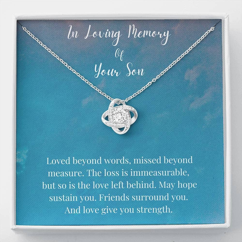 Handmade Love Knot Necklace - Personalized Memorial Gift for Son - White & Gold - Custom Sizes for Comfort & Remembrance