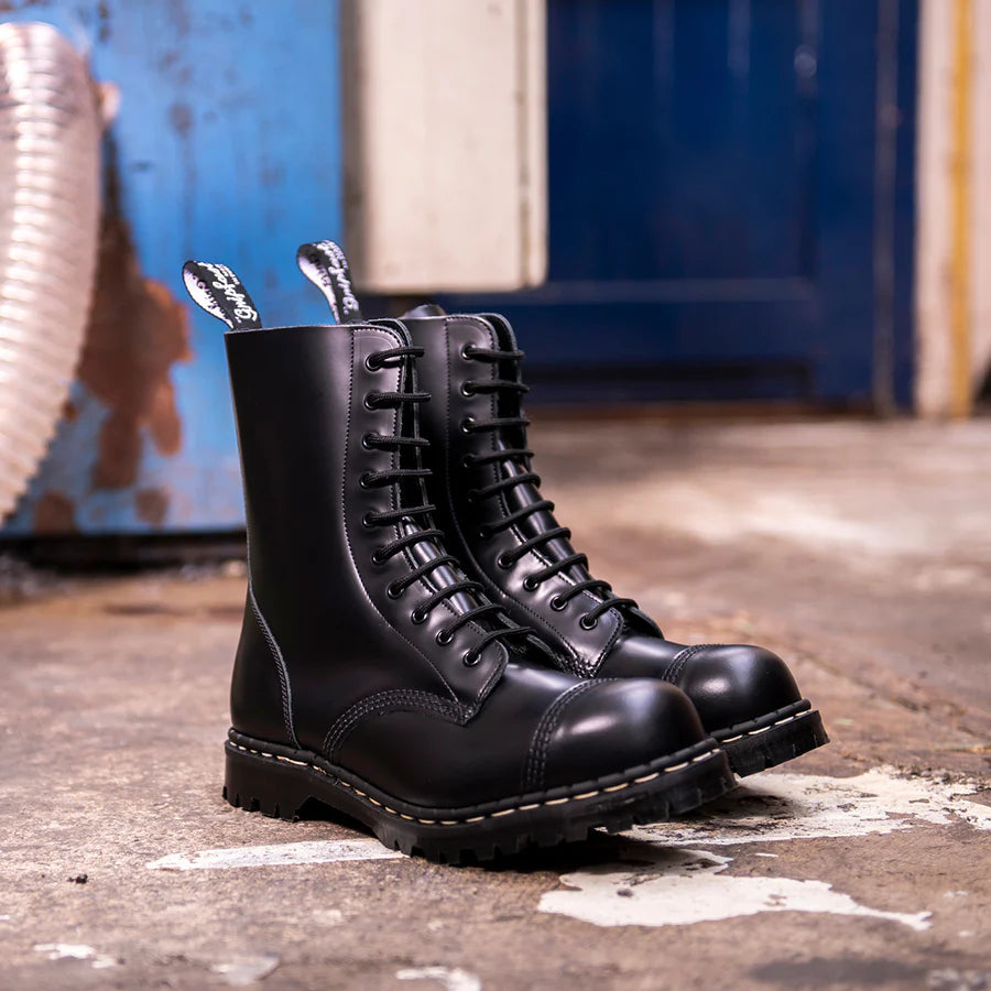 GRIPFAST Black Hi Shine 10 Eye Steel Toe Derby Boots for Men - Safety Work Boots with Slip Resistant Sole - Perfect for Construction, Warehouse & Industrial Work