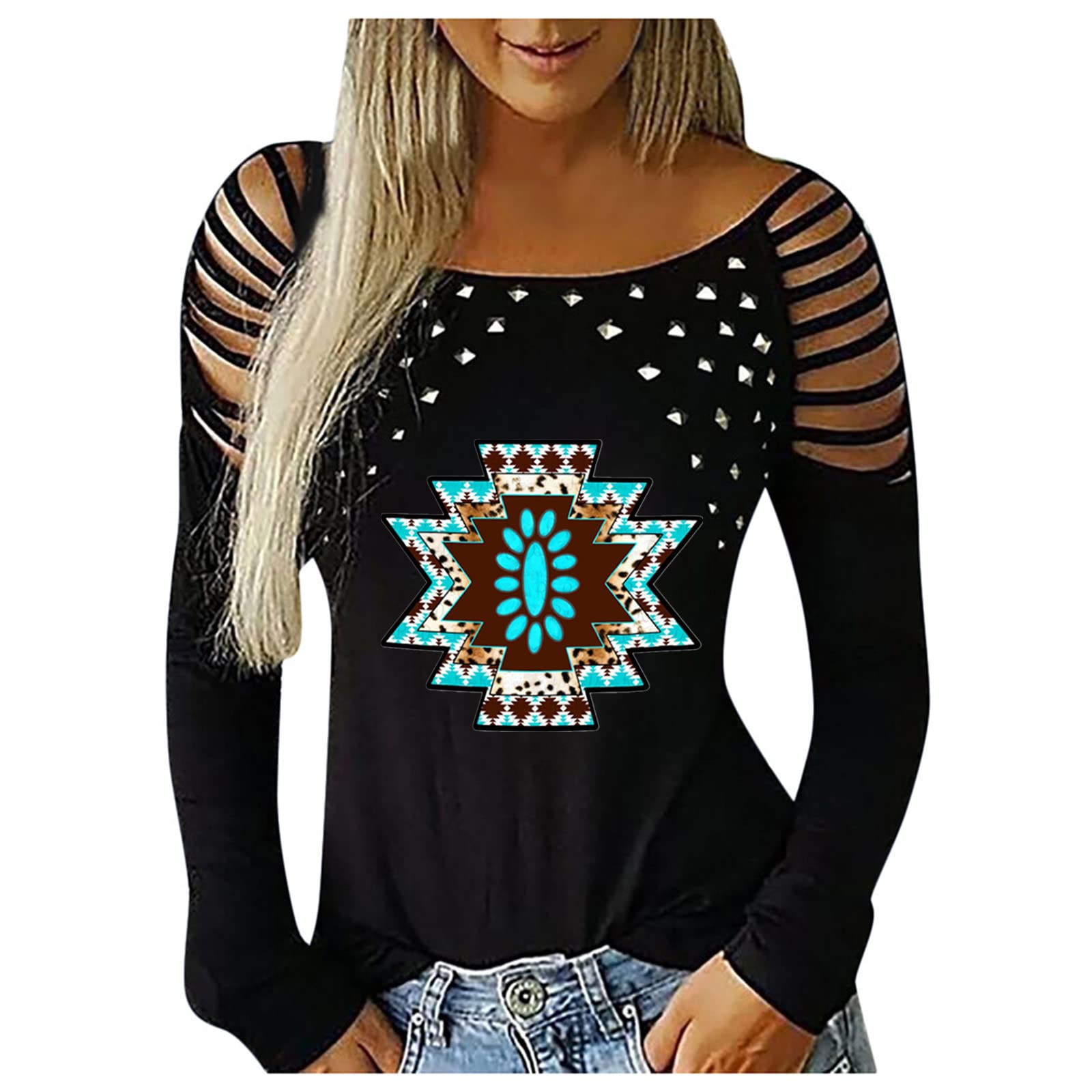 Women's Long Sleeve Round Neck Blouses - Stylish O-Neck Printed Tops for Autumn | Loose Fit Cold Shoulder & Strapless Design | Perfect for Casual Wear, Office Outfits & Activewear (Style 1266)