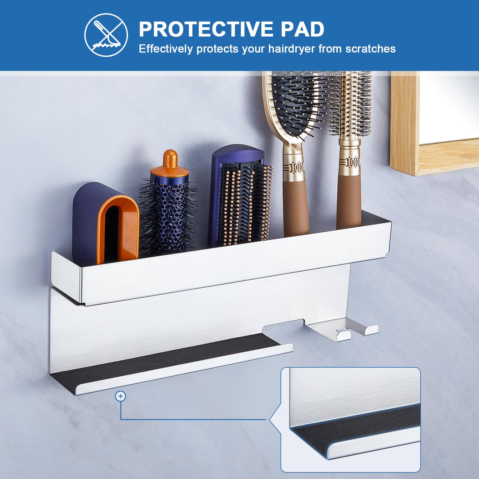 Wall Mount Hair Dryer Holder & Organizer - Stainless Steel Blow Dryer & Straightener Storage - Bathroom Adhesive Mount for Hair Tools - Perfect for Salon, Bathroom & Home Organization