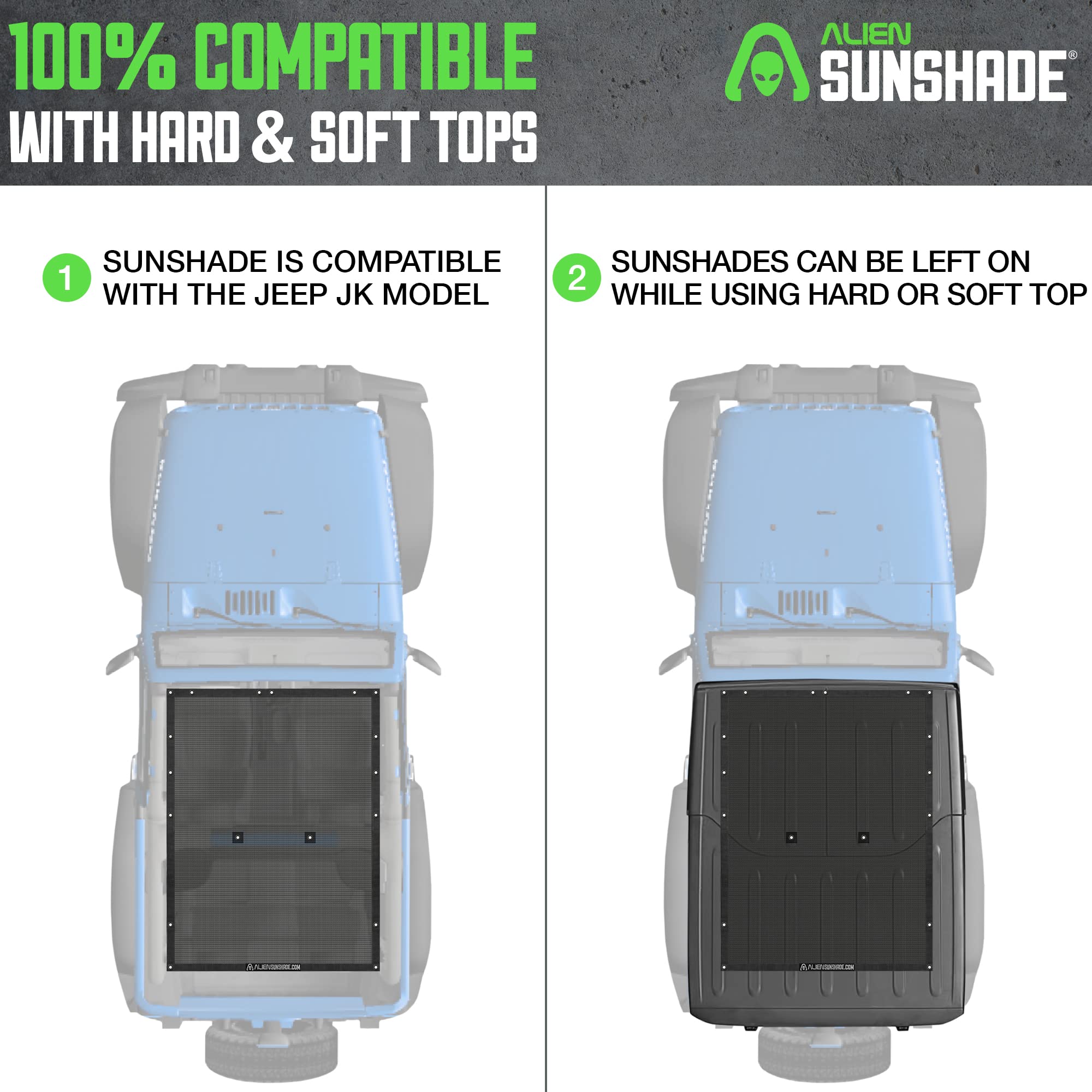 Alien Sunshade Black Mesh Top for Jeep Wrangler JK 2-Door (2007-2018) | UV Protection & Wind Noise Reduction | Fits Sport, Sport S, Sahara, Rubicon Models | Perfect for Off-Roading, Beach Trips & Summer Adventures