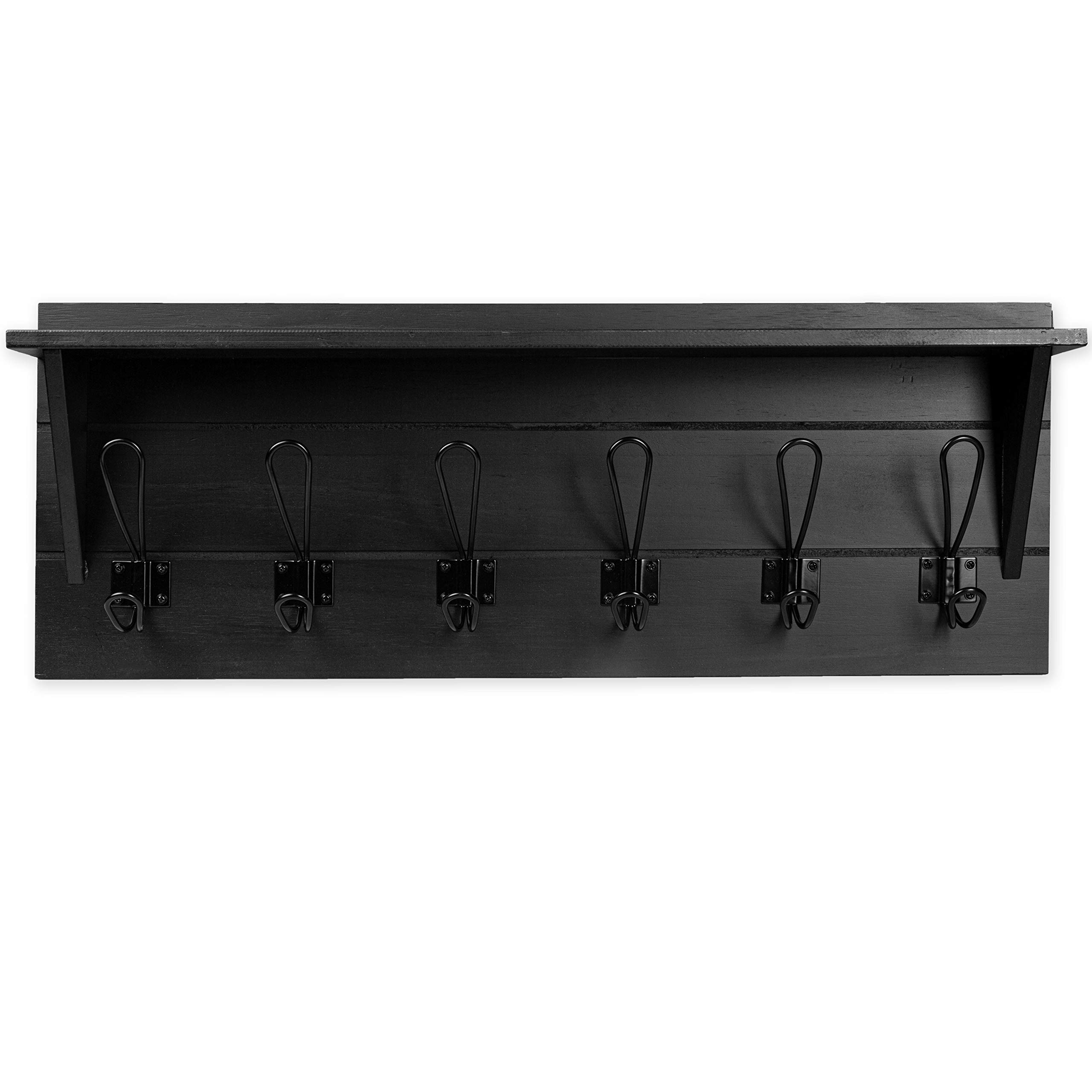 Ilyapa Black Wall Mounted Coat Rack with Shelf - 6 Sturdy Metal Hooks for Hats, Coats & Accessories - Space Saving Entryway, Bedroom & Kitchen Organizer - Solid Wood Hanging Storage Solution for Home & Office
