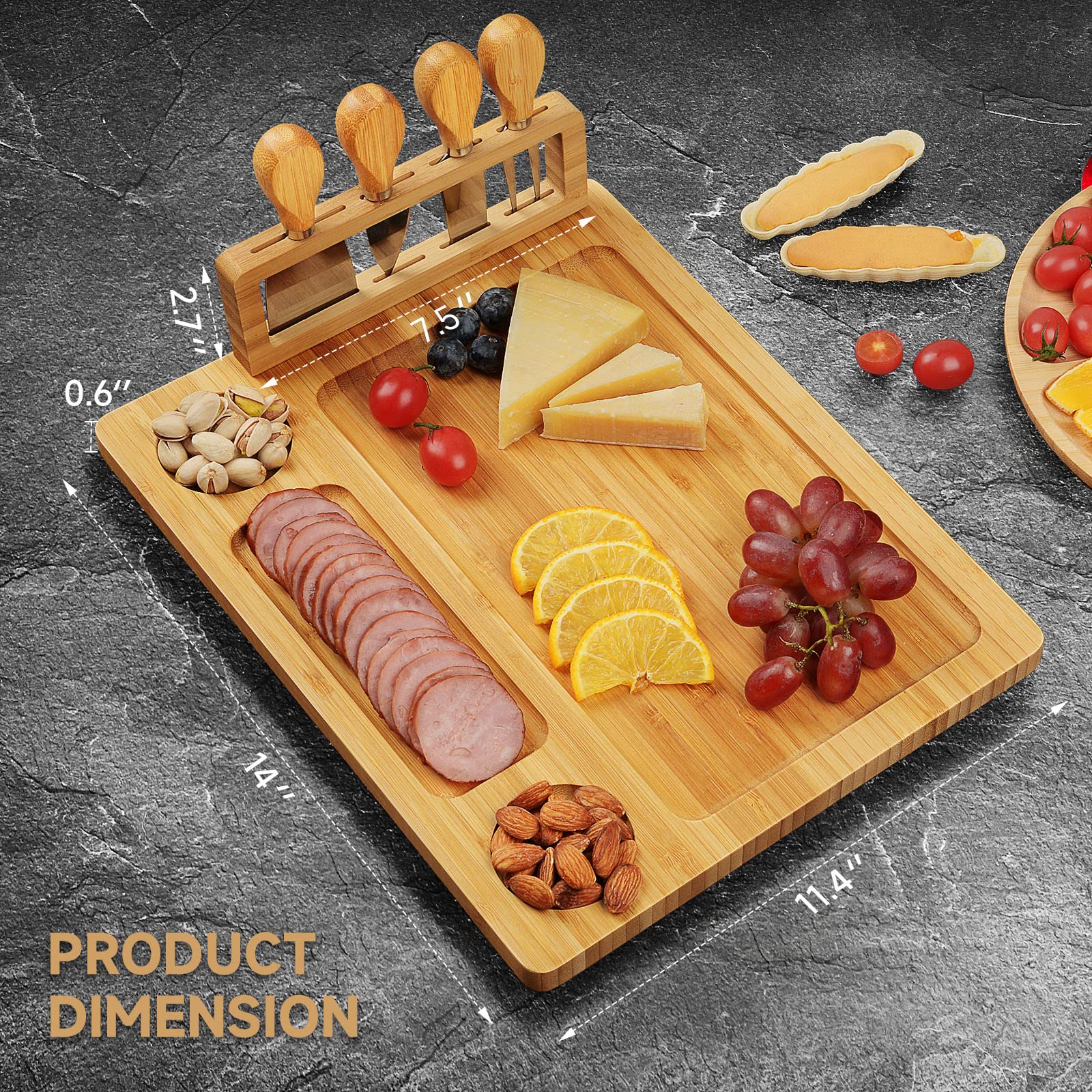 Premium Bamboo Charcuterie Board Set with 4 Stainless Steel Cheese Knives - Elegant Wooden Serving Tray for Cheese, Charcuterie, Fruits & Appetizers - Perfect Housewarming, Christmas, Bridal Shower & Wedding Gift Idea - Great for Entertaining, Parties & Holiday Gatherings