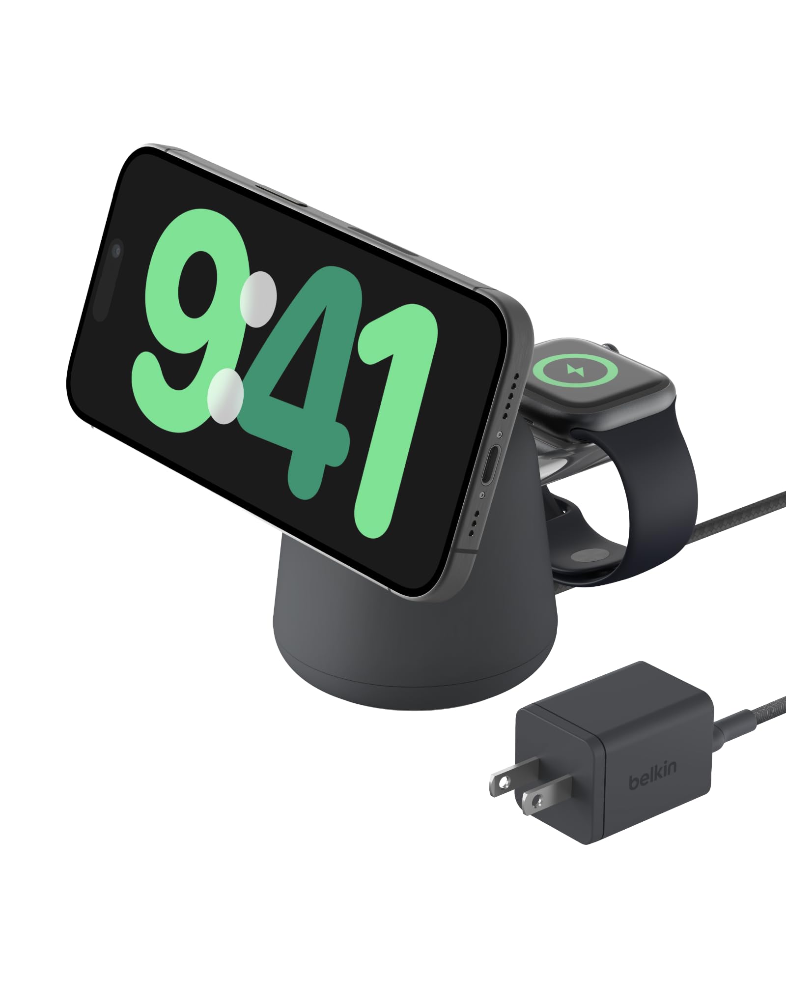 Belkin 2-in-1 MagSafe Wireless Charging Dock 15W Fast Charger for iPhone 16/15/14/13 Series & AirPods | Magsafe Compatible Devices | Includes Power Adapter (Black) - Perfect for Bedside, Office & Travel Charging