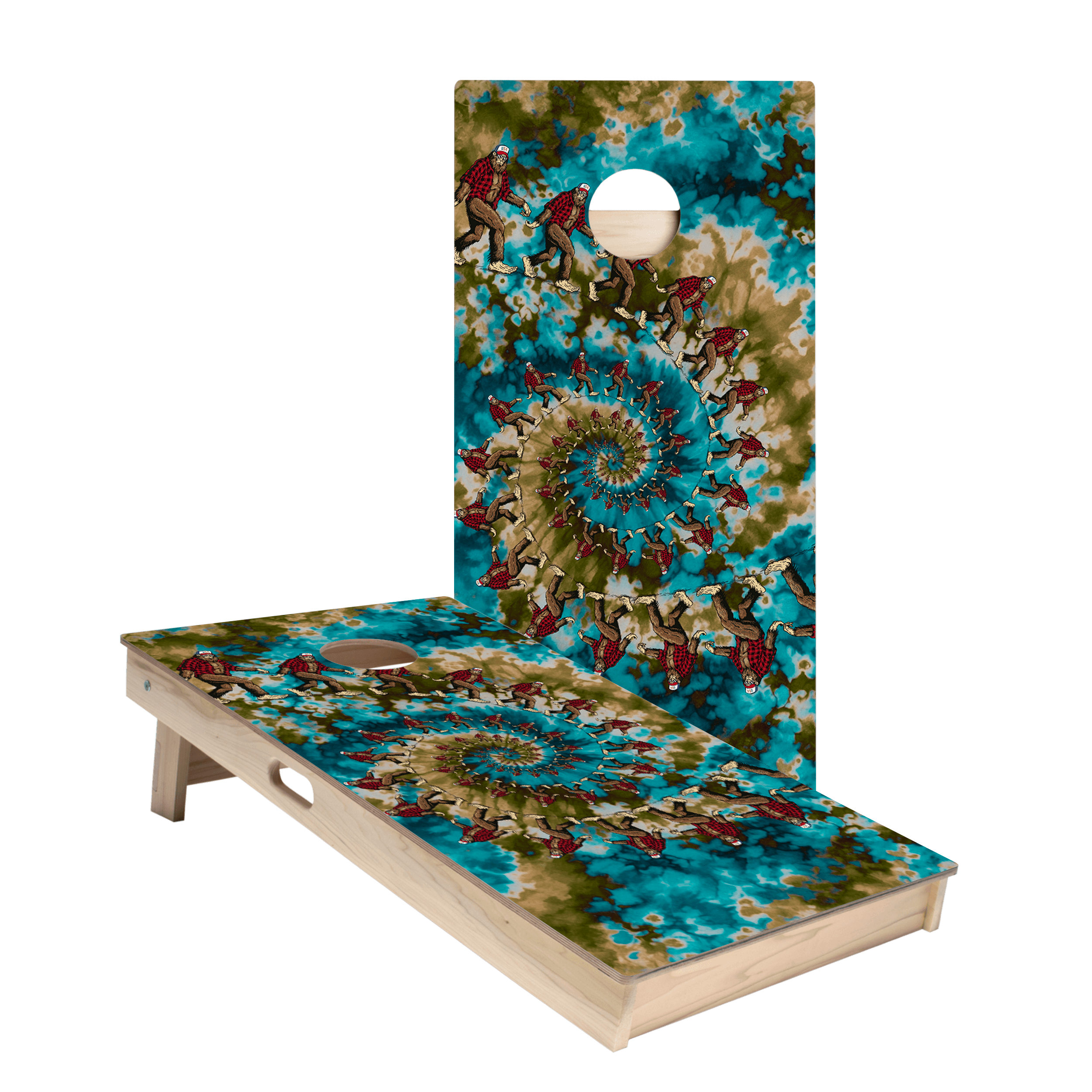 Spiral Tie Dye Sasquatch Star Cornhole Game Boards Set - Outdoor Lawn Games for Backyard, Tailgating, and Beach Parties