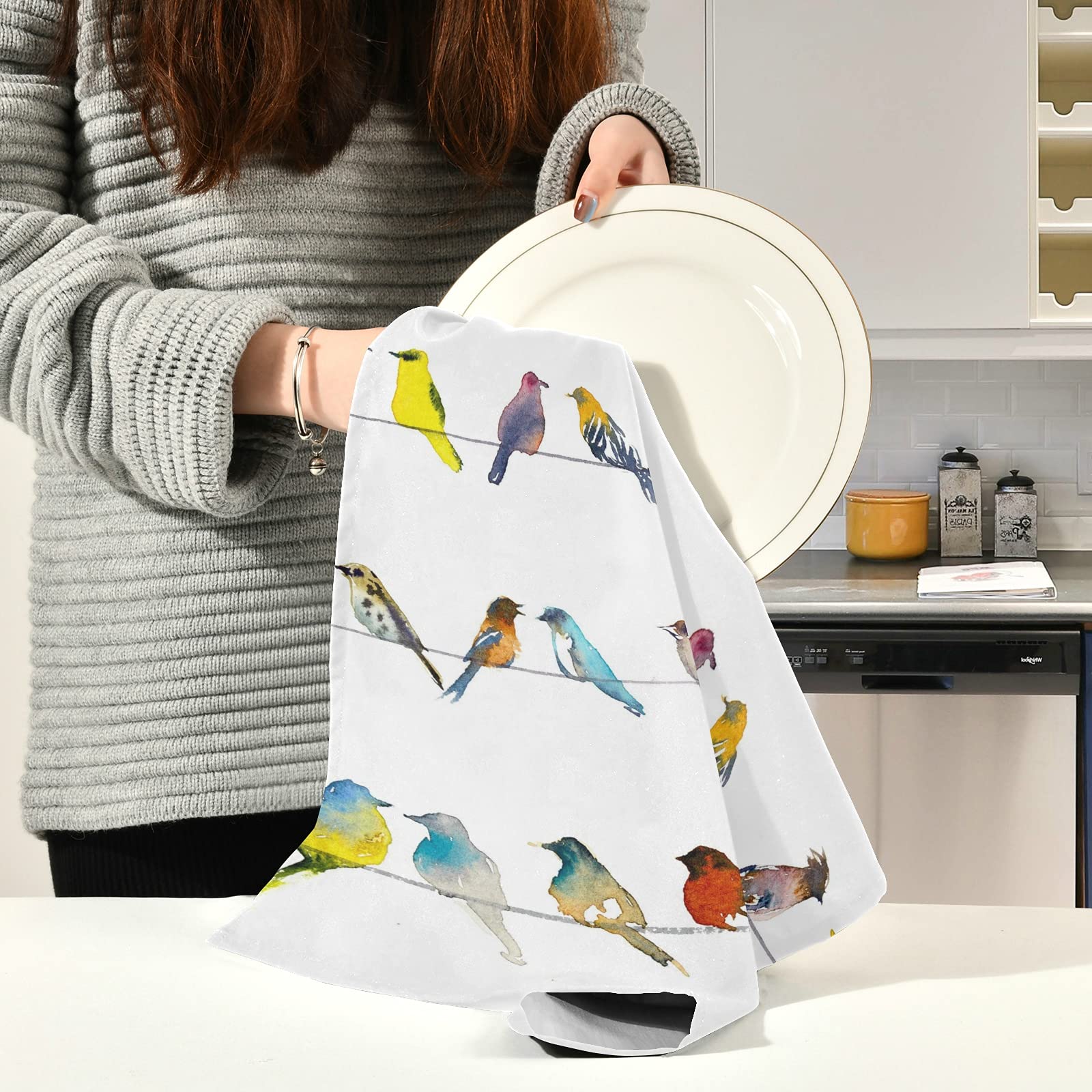Naanle Watercolor Bird Kitchen Towels - 1 Pack Reusable Absorbent Dish Cloths, Hand & Tea Towels (28x18 Inches) - Fast Drying Cleaning Cloths for Home Kitchen, Bar, Restaurant & Gift Giving