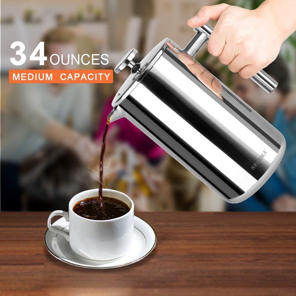 Secura 34oz (1 Liter) Stainless Steel French Press Coffee Maker - 304 Grade Insulated Coffee Press with 2 Extra Filters, Silver - Perfect for Home, Office & Camping Brewing