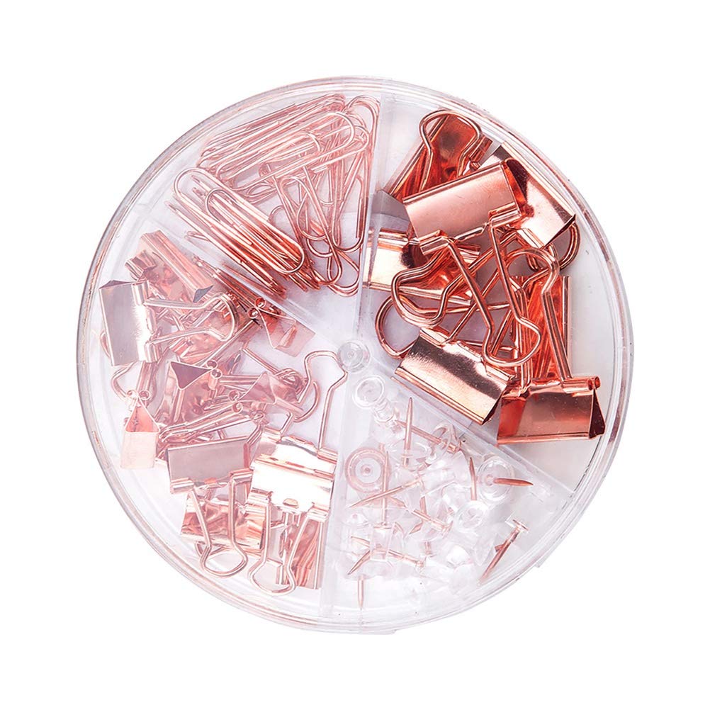 STOBOK Rose Gold Paper Clips, Binder Clips & Push Pins Set - 1 Box Office Desk Organizer Supplies for School, Home & Office Organization | Perfect for Bulletin Boards, File Sorting & Note Display