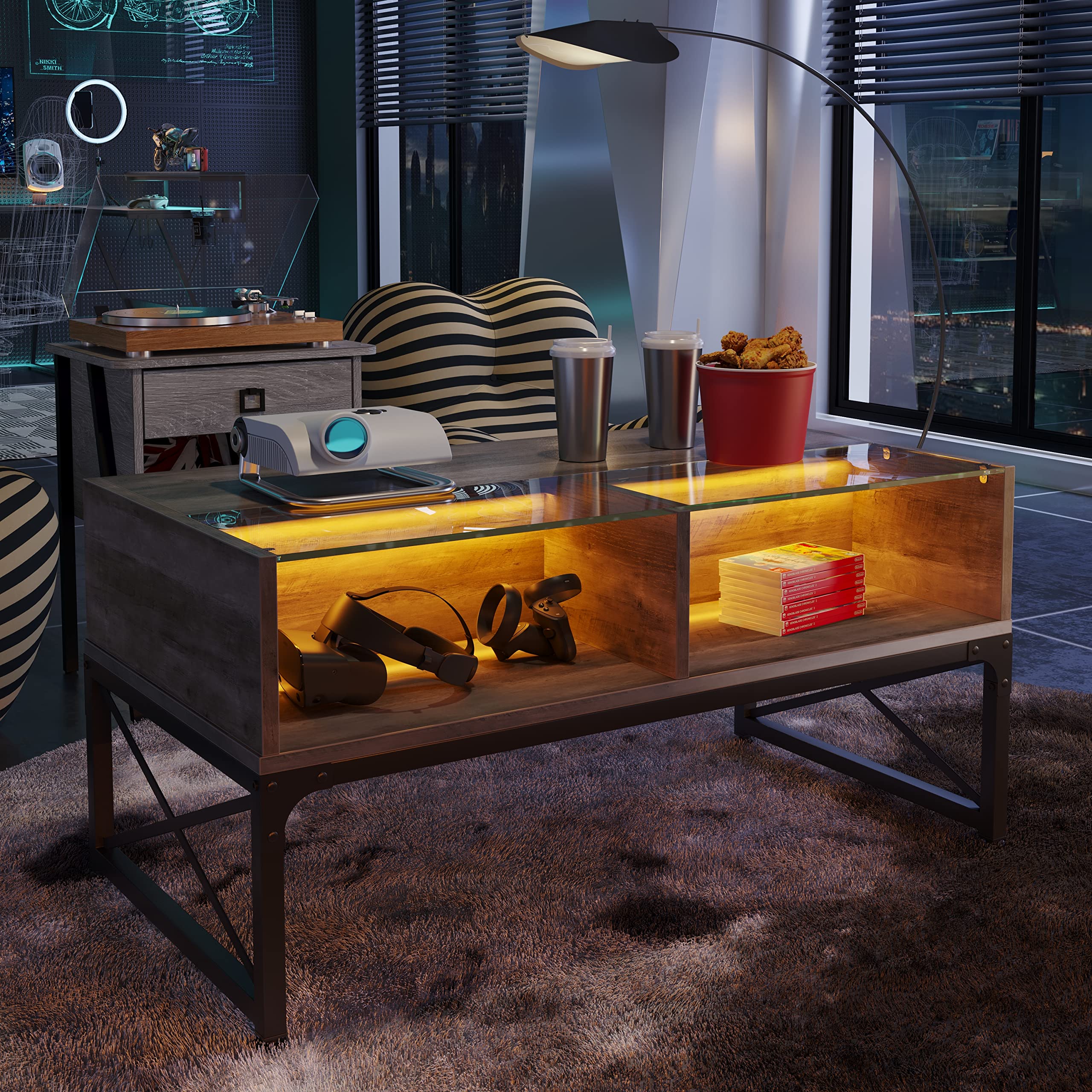 Bestier 42 Inch Grey Wash Glass Coffee Table with Storage & LED Lights - Modern Living Room, Reception, Dining, Gaming Room, Basement Furniture for Home & Office Decor