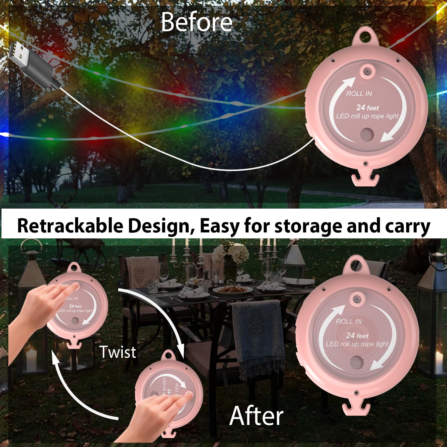 **24ft Waterproof USB/Battery Powered Camping Rope Lights with Hooks & Storage Bag - Outdoor String Lights for RV Awnings, Bicycle, Home Party, Garden, Patio - Perfect Camping Gifts for Women & Men**    *(Use Scenes: Illuminate your camping tent, RV awning, backyard patio, garden parties, bicycle rides, or holiday decorations with these versatile waterproof rope lights.)*