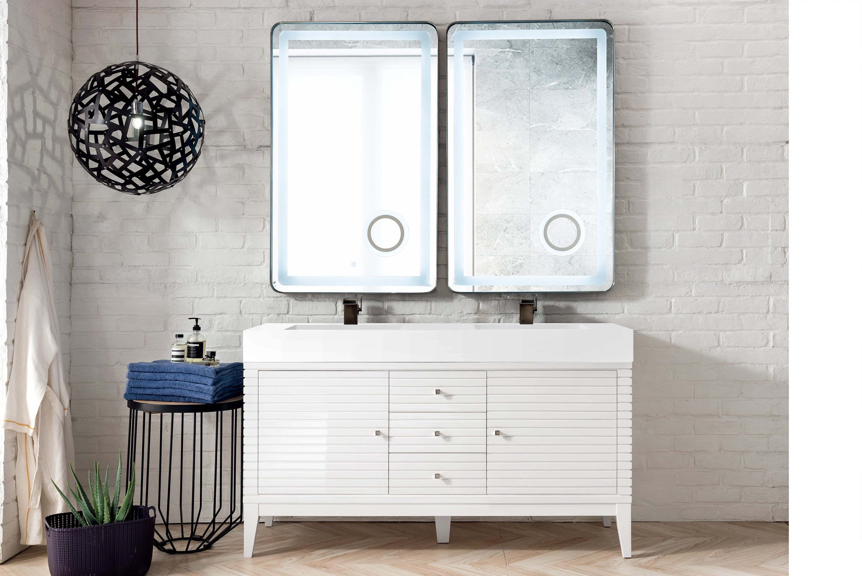 Glossy White Linear 59-Inch Double Vanity with Composite Top - Modern Bathroom Vanity for Master Bath & Guest Bathroom Renovation