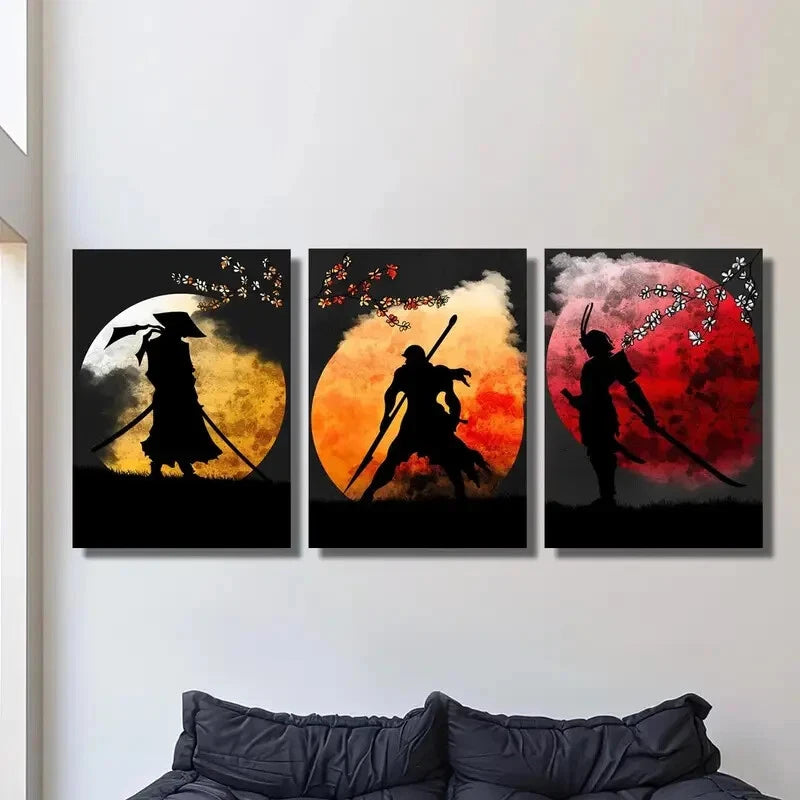 3-Piece Moon Warrior Silhouette Metal Wall Art - Epic Samurai Prints - Ready to Hang - Home & Office Decor - Perfect for Living Room, Bedroom, or Man Cave