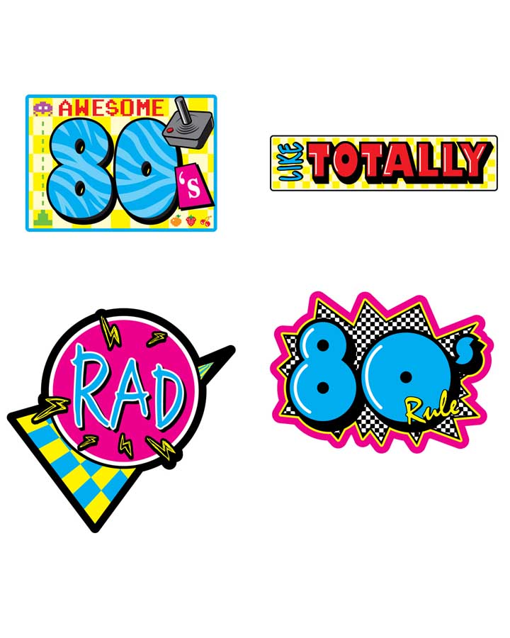 80s Retro Style Cutout Wall Decor Set - Pack of 4 Vintage Posters for Home, Office & Party Decoration | Perfect for 80s Theme Parties, Man Caves & Retro Room Decor
