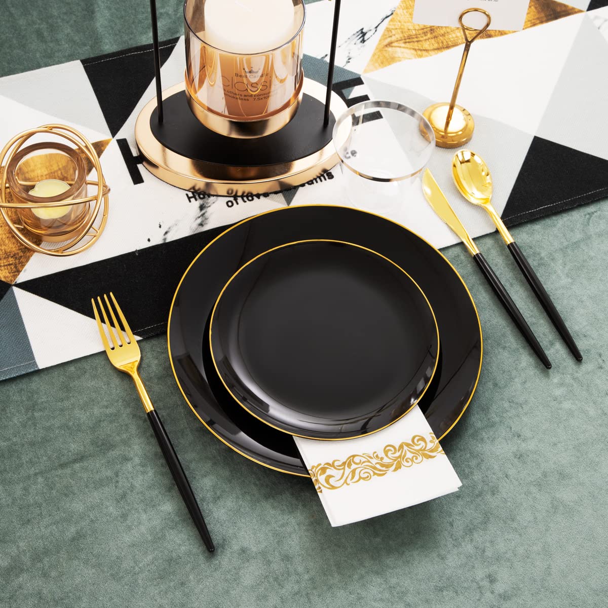 LIYH 210-Piece Black & Gold Plastic Dinnerware Set - Disposable Plates, Silverware, Cups & Napkins for Parties, Weddings, New Year's Eve & Special Events - Elegant Black Dinner Plates with Gold Cutlery for Formal Dining & Catering