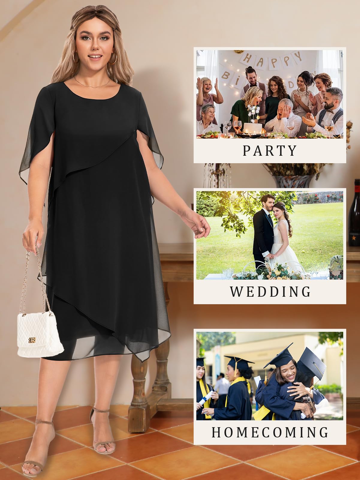 Elegant Plus Size Cape Dress with Chiffon Overlay for Women - Wedding Guest & Cocktail Party Attire | Perfect for Formal Events, Evening Galas, and Special Occasions