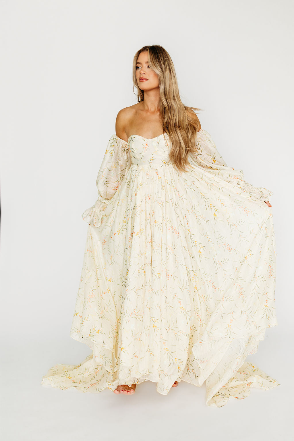 Delilah Floral Maternity Dress with Train - Bump Friendly Cream Wedding Gown for Pregnancy Photoshoot & Special Occasions *PRE ORDER*