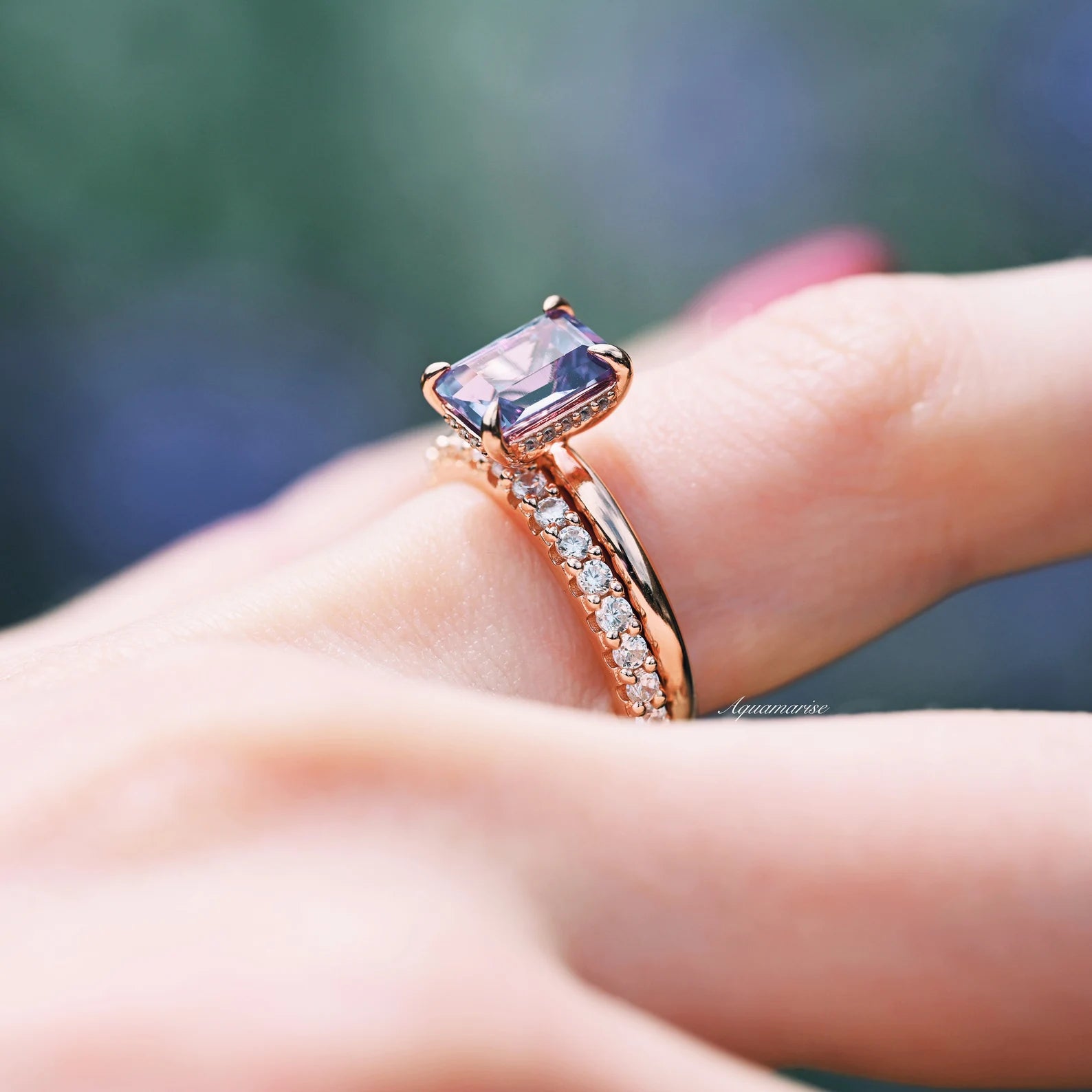 Alexandrite Engagement Ring Set - 14K Rose Gold Vermeil Wedding Band for Women | Perfect for Proposals, Anniversaries & Special Occasions