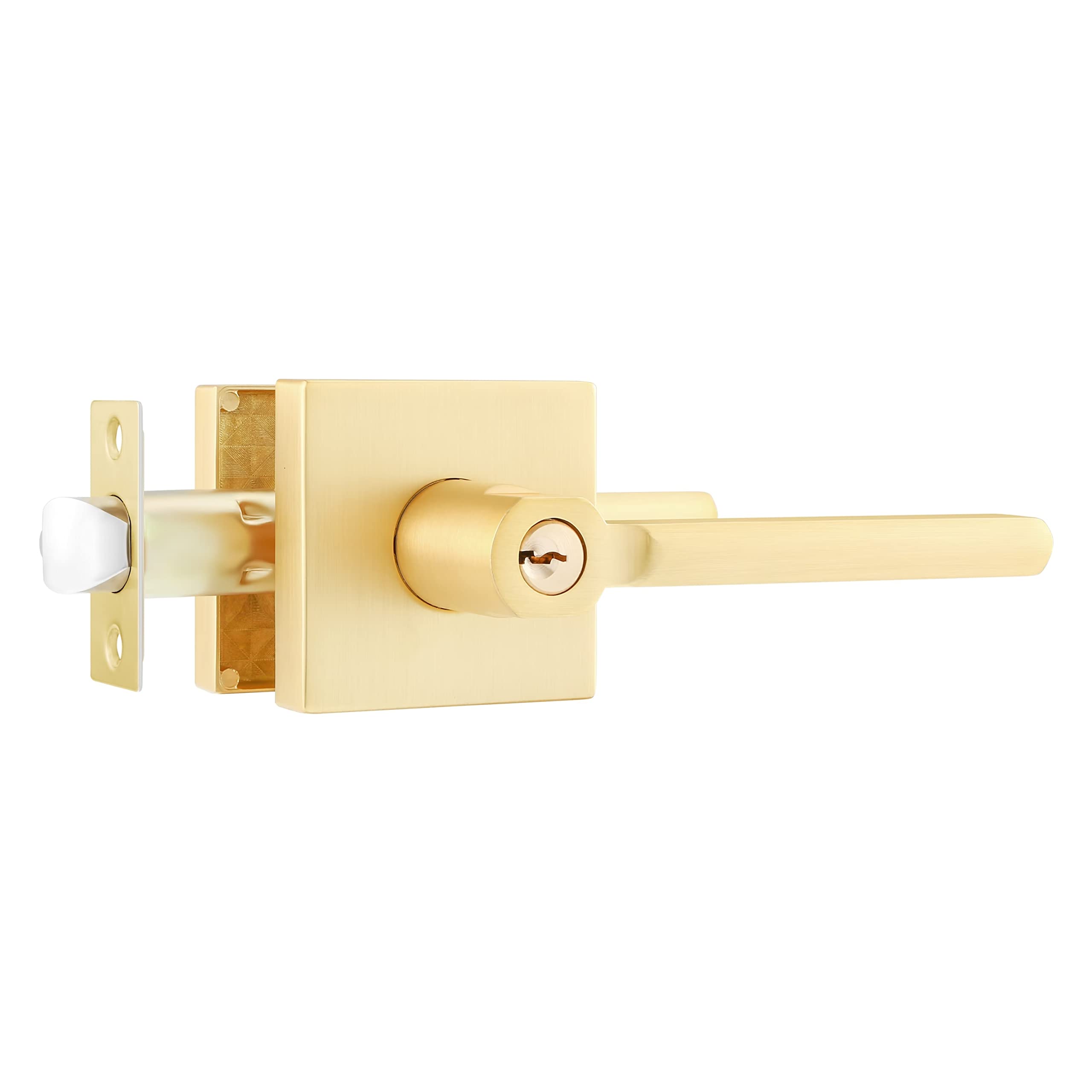 Leydebong 1 Pack Satin Brass Door Lever Lock Set - Heavy Duty Exterior Front Door Handle with Keyed Alike/Combo Keys (Gold, Left/Right Handing) - Perfect for Home Entry, Office, and Commercial Security Doors