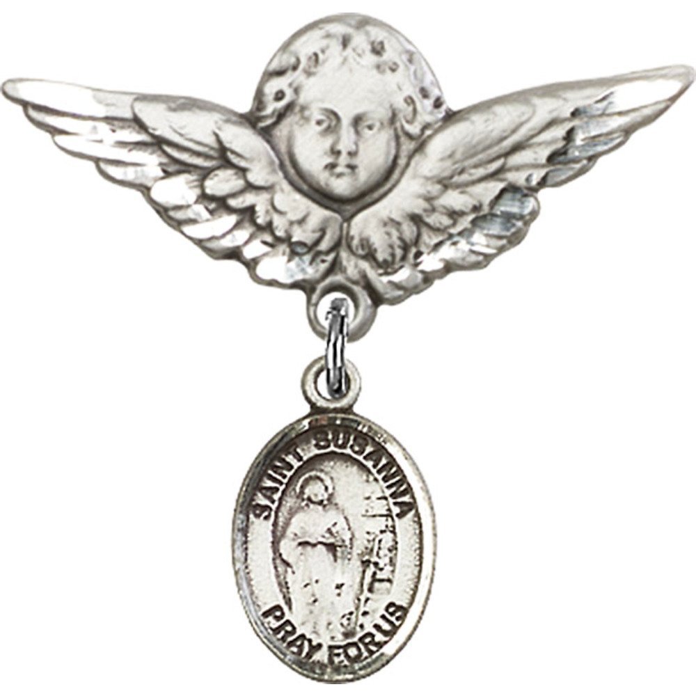 Sterling Silver Baby Badge with St. Susanna Charm & Angel Wing Pin - 1 1/8 X 1 1/8 Inches - Perfect for Christening Gifts, Baby Showers & Baptism Keepsakes