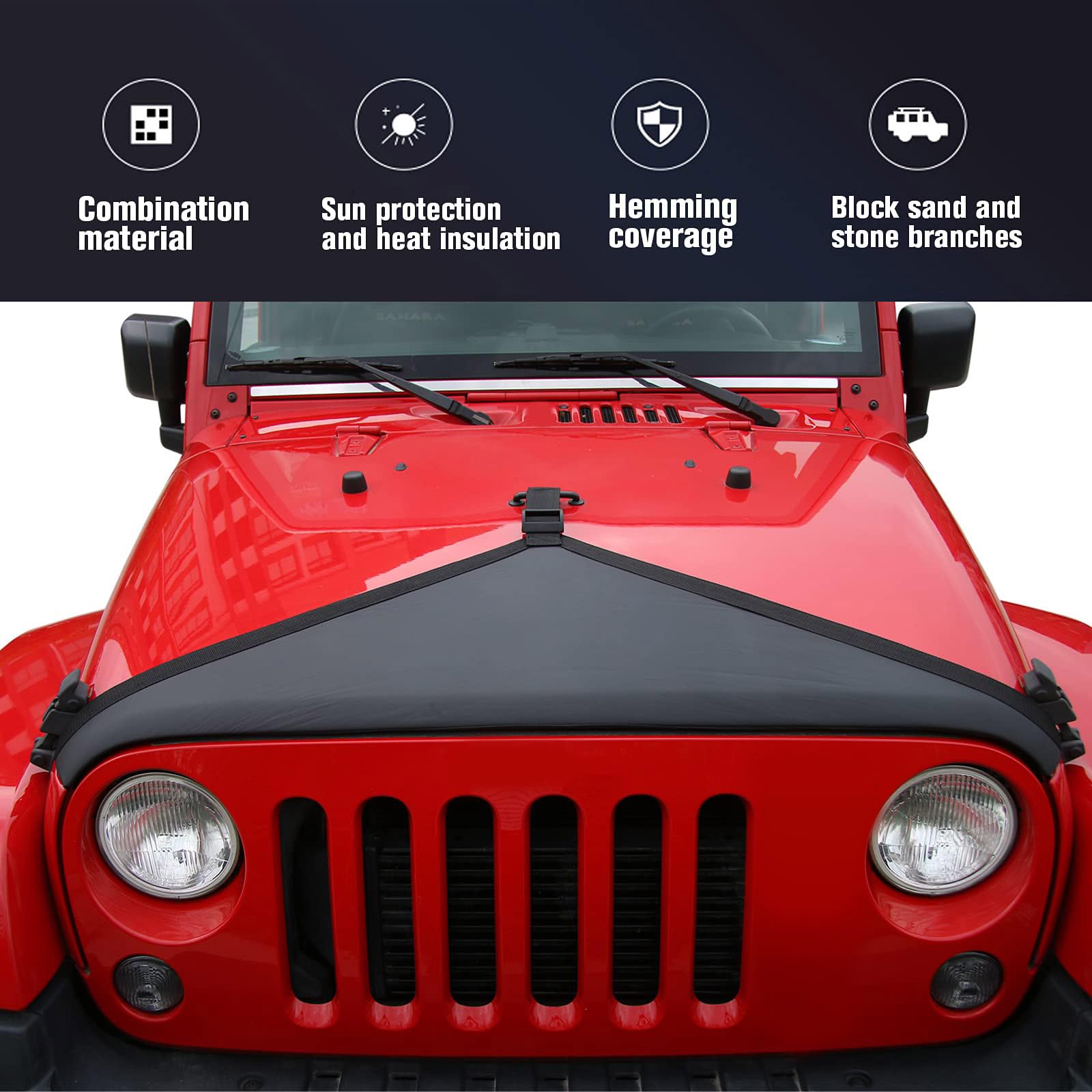 Jeep Wrangler JK Hood Bra Cover Protector (2007-2017) - Black Exterior Accessory for UV & Scratch Protection | Perfect for Off-Roading & Daily Commute